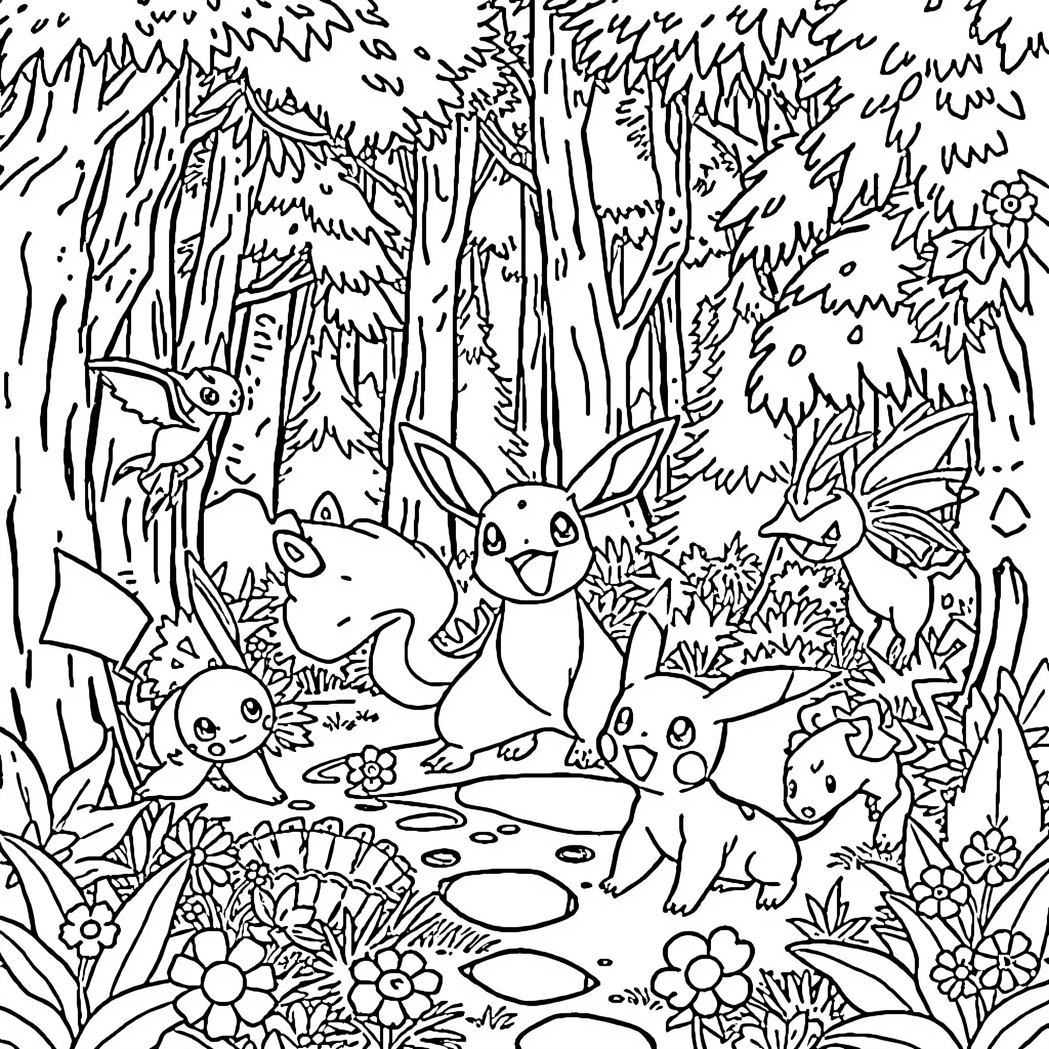 Pokémon enjoying a forest scene with various creatures Coloring Page (free black-and-white line drawing printable PDF for all, from beginners to advanced learners, including children, teens, adults, and seniors)