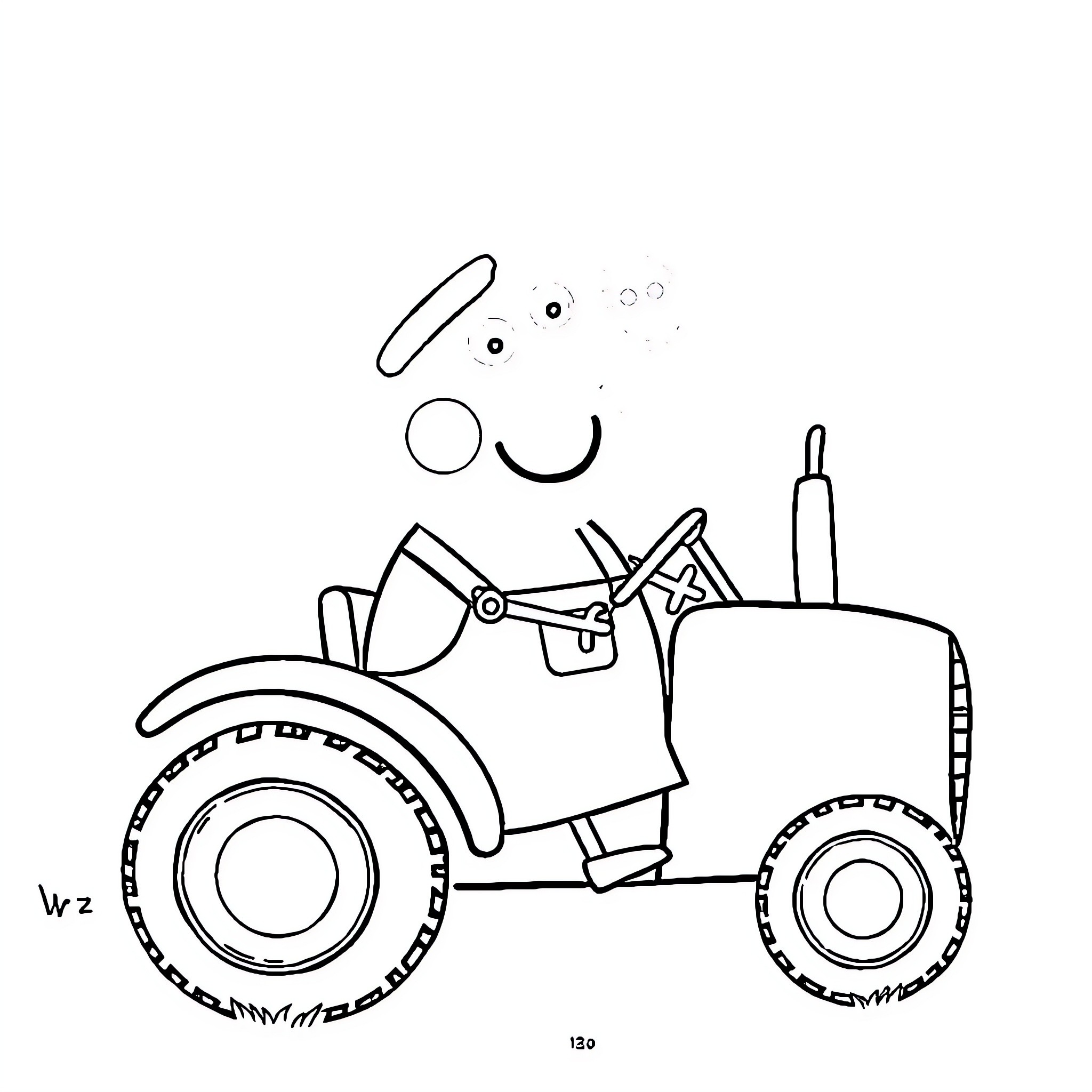 Peppa Pig driving a tractor happily Coloring Page (free black-and-white line drawing printable PDF for all, from beginners to advanced learners, including children, teens, adults, and seniors)