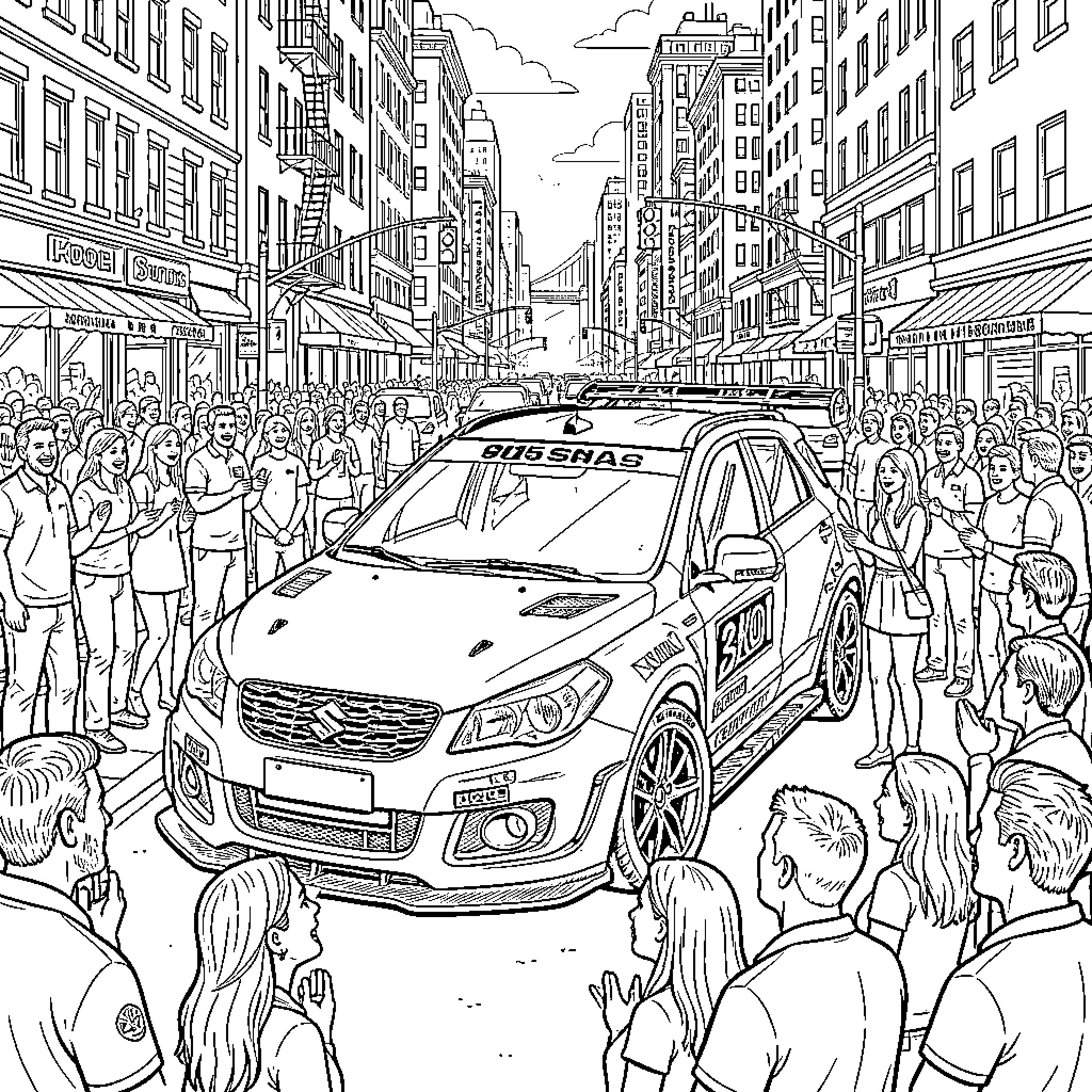 Suzuki SX4 in a crowded city street Coloring Page (free black-and-white line drawing printable PDF for all, from beginners to advanced learners, including children, teens, adults, and seniors)