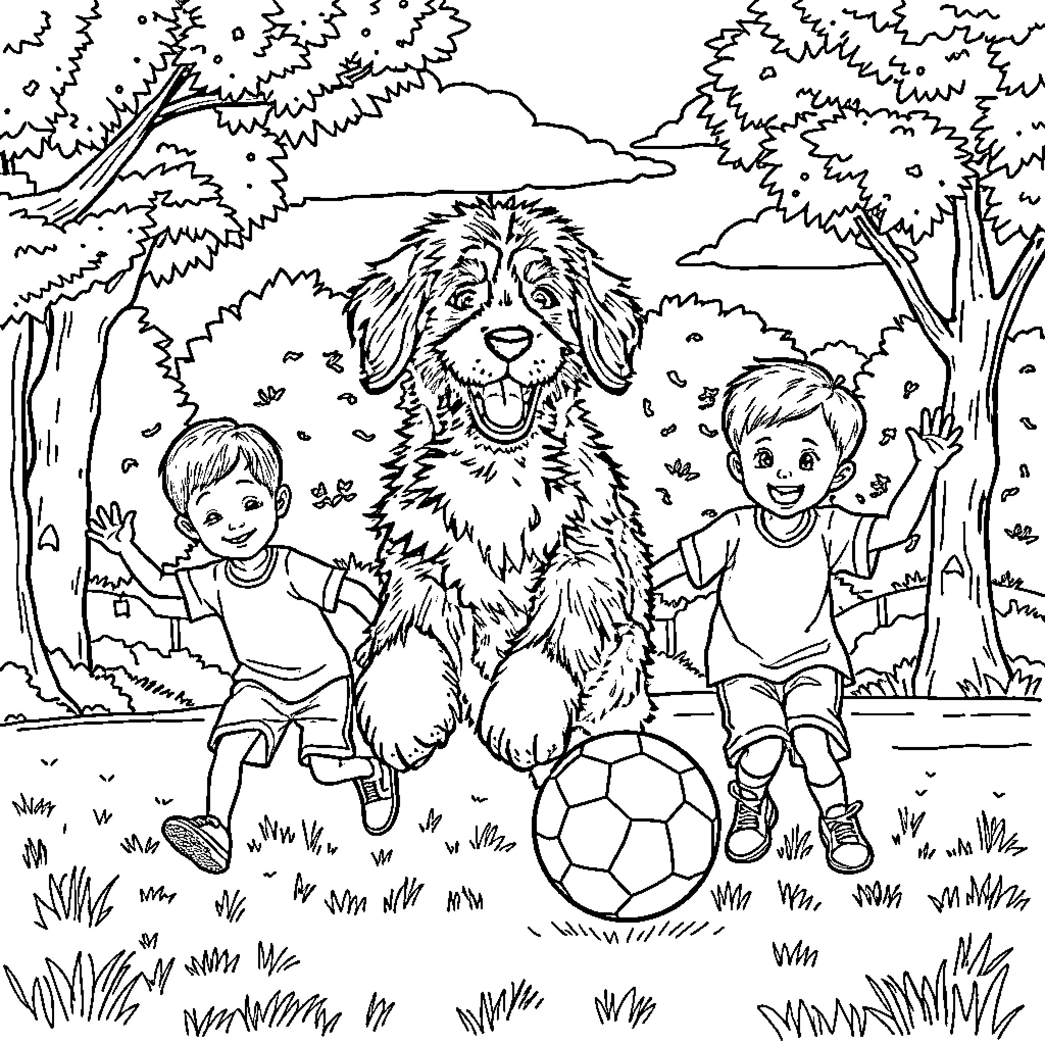 Bernedoodle playing with children in the park Coloring Page (free black-and-white line drawing printable PDF for all, from beginners to advanced learners, including children, teens, adults, and seniors)