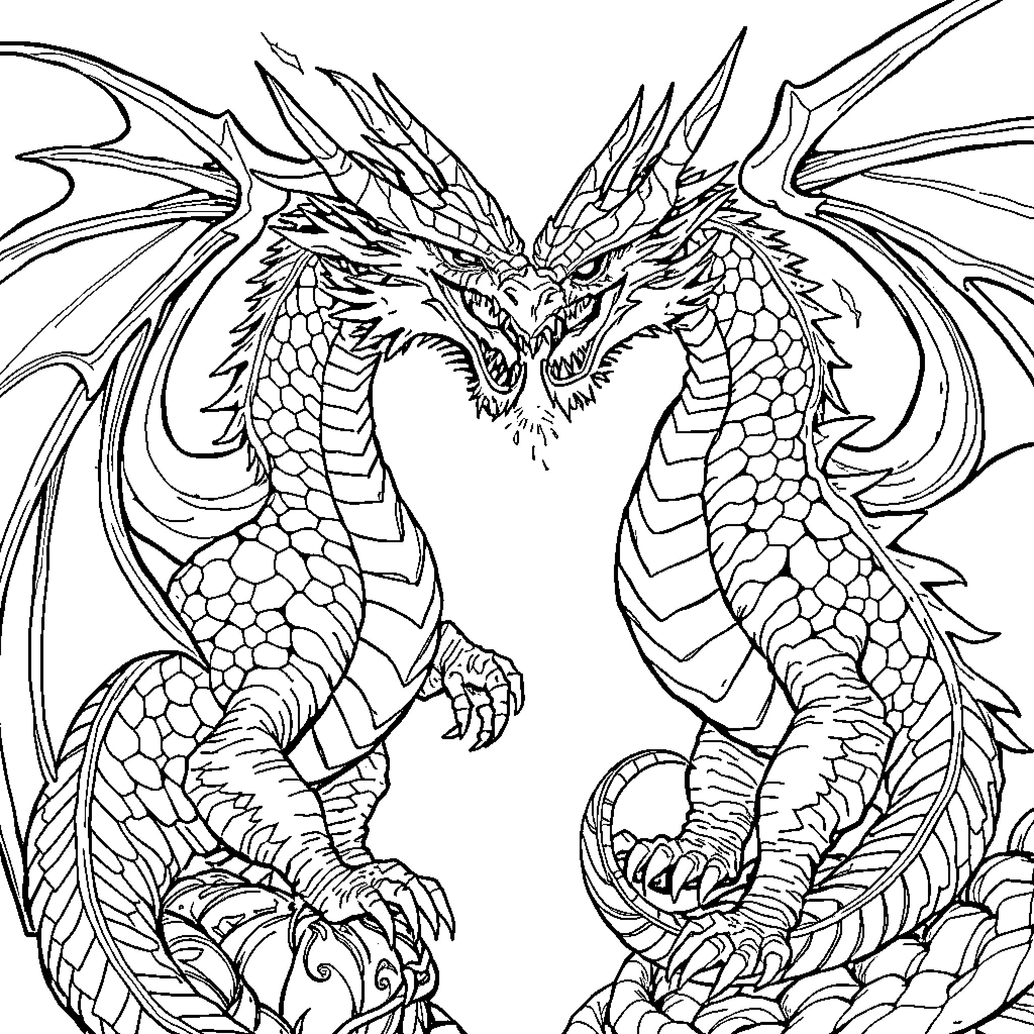 Dragon's Fierce Encounter Coloring Page (free black-and-white line drawing printable PDF for all, from beginners to advanced learners, including children, teens, adults, and seniors)