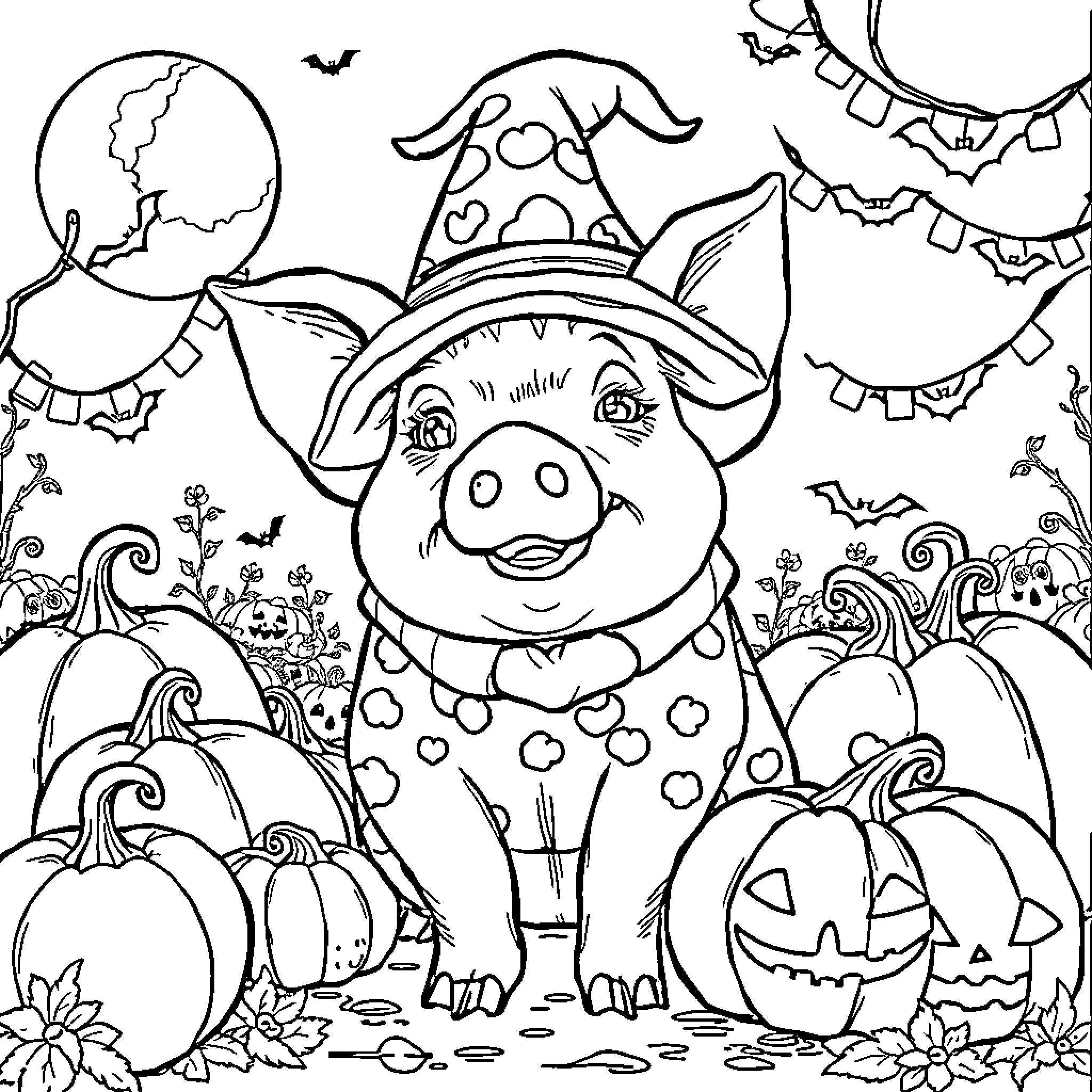 Pig dressed up for Halloween in a magical scene Coloring Page (free black-and-white line drawing printable PDF for all, from beginners to advanced learners, including children, teens, adults, and seniors)