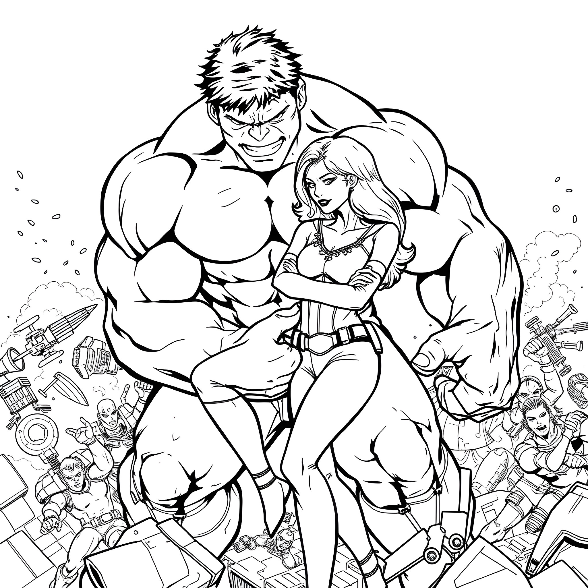 Hulk Smashing Through the Scene with Ally Coloring Page (free black-and-white line drawing printable PDF for all, from beginners to advanced learners, including children, teens, adults, and seniors)
