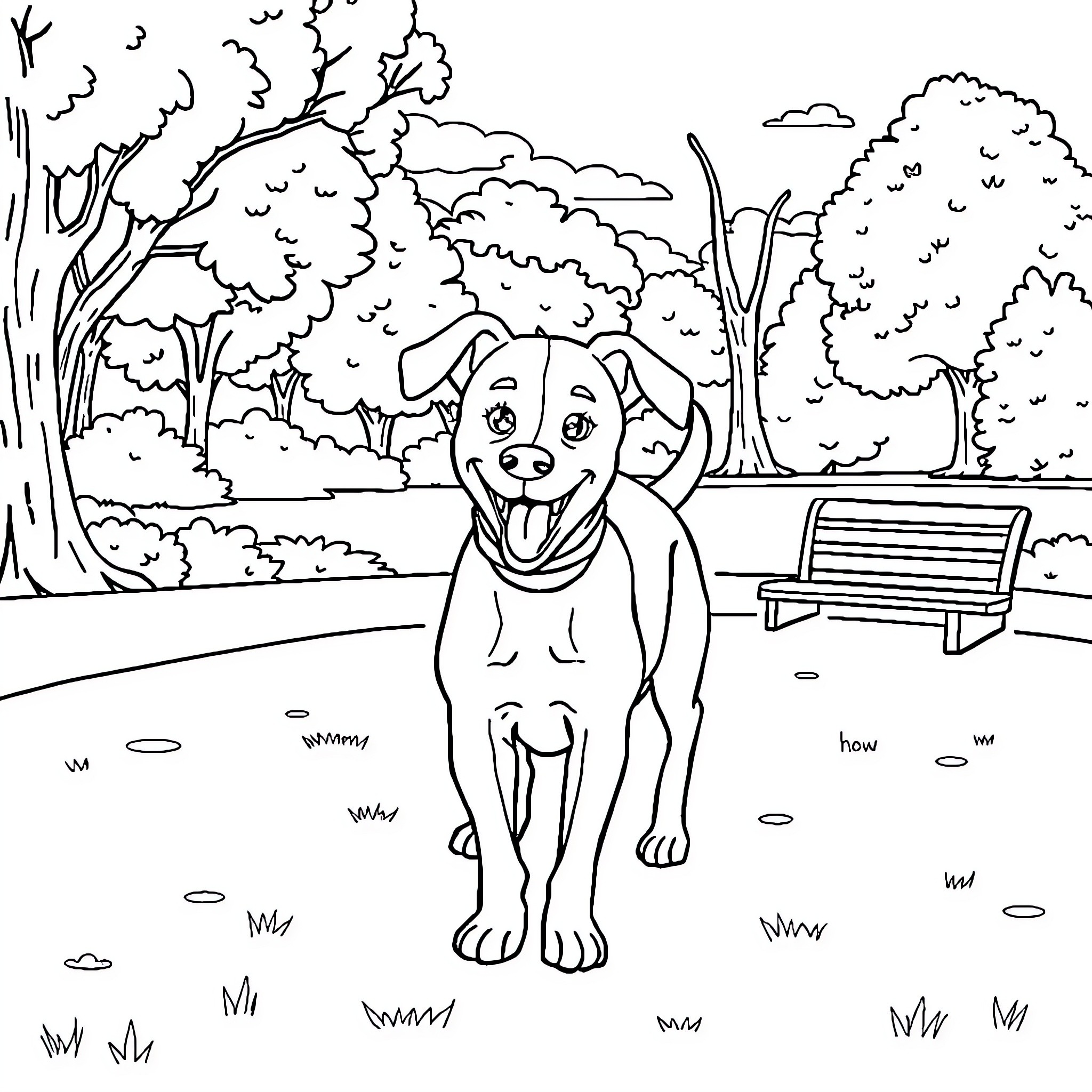 Dog happily exploring a park scene Coloring Page (free black-and-white line drawing printable PDF for all, from beginners to advanced learners, including children, teens, adults, and seniors)