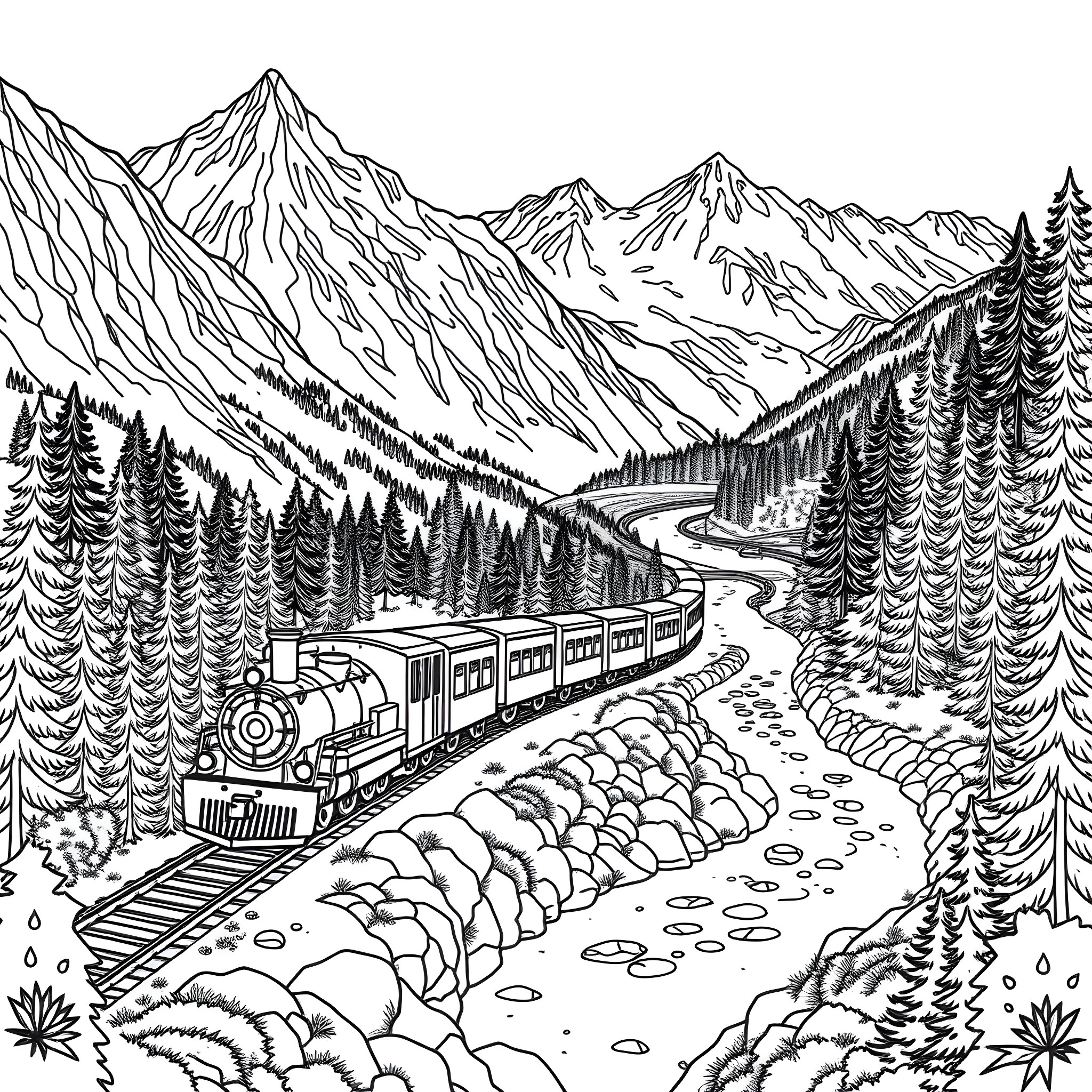 Train Traversing Majestic Mountain Landscape Coloring Page (free black-and-white line drawing printable PDF for all, from beginners to advanced learners, including children, teens, adults, and seniors)