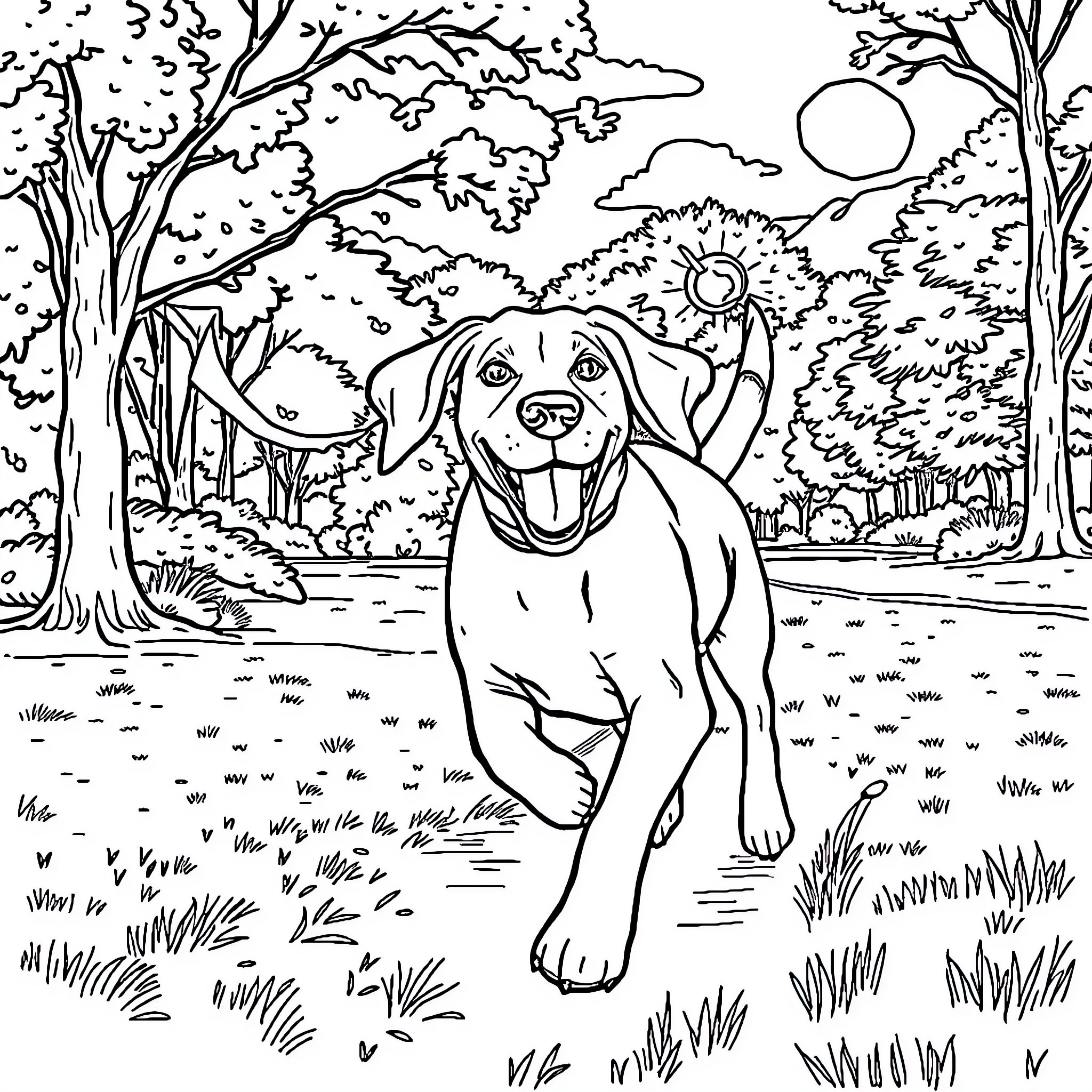Beagle enjoying a sunny day in the park Coloring Page (free black-and-white line drawing printable PDF for all, from beginners to advanced learners, including children, teens, adults, and seniors)