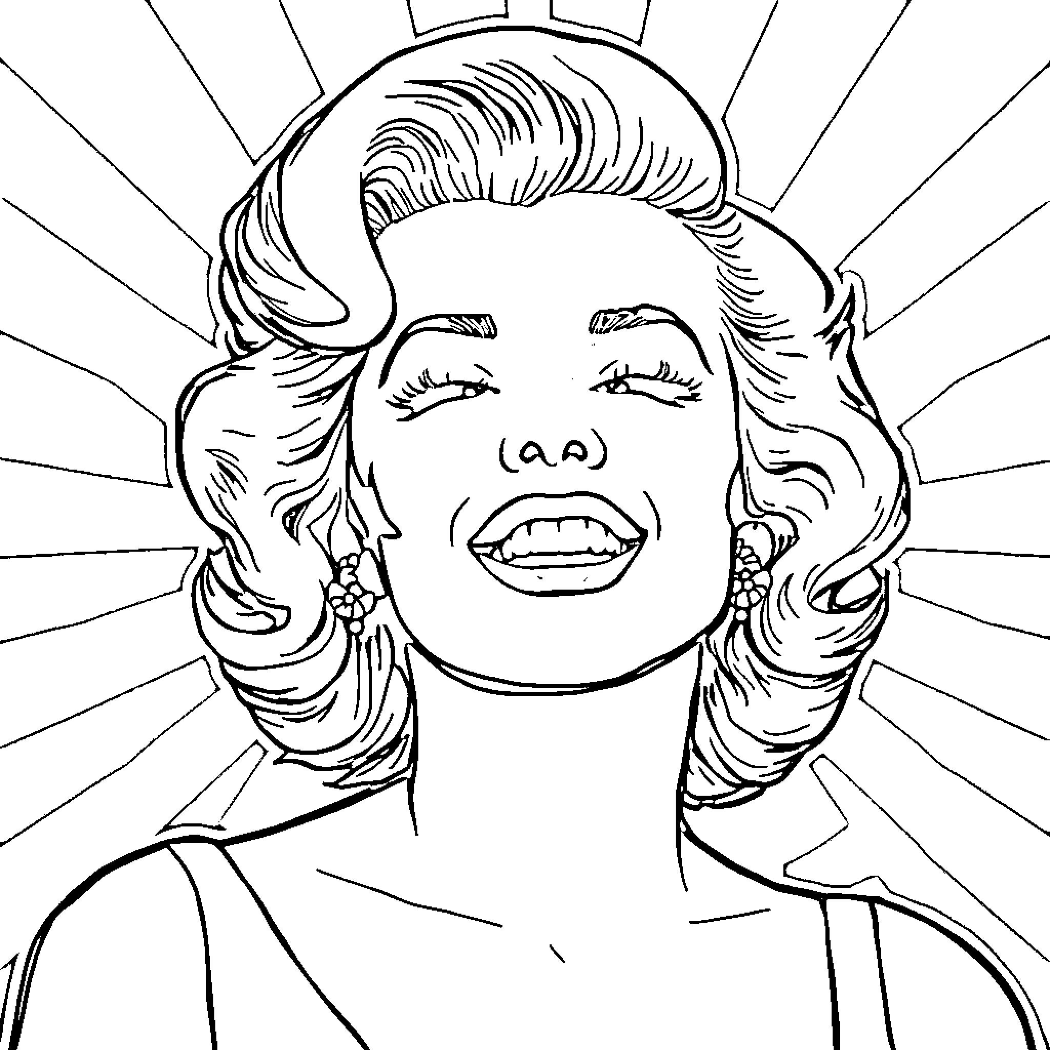 Marilyn Monroe's Radiant Expression and Iconic Hairstyle Coloring Page (free black-and-white line drawing printable PDF for all, from beginners to advanced learners, including children, teens, adults, and seniors)