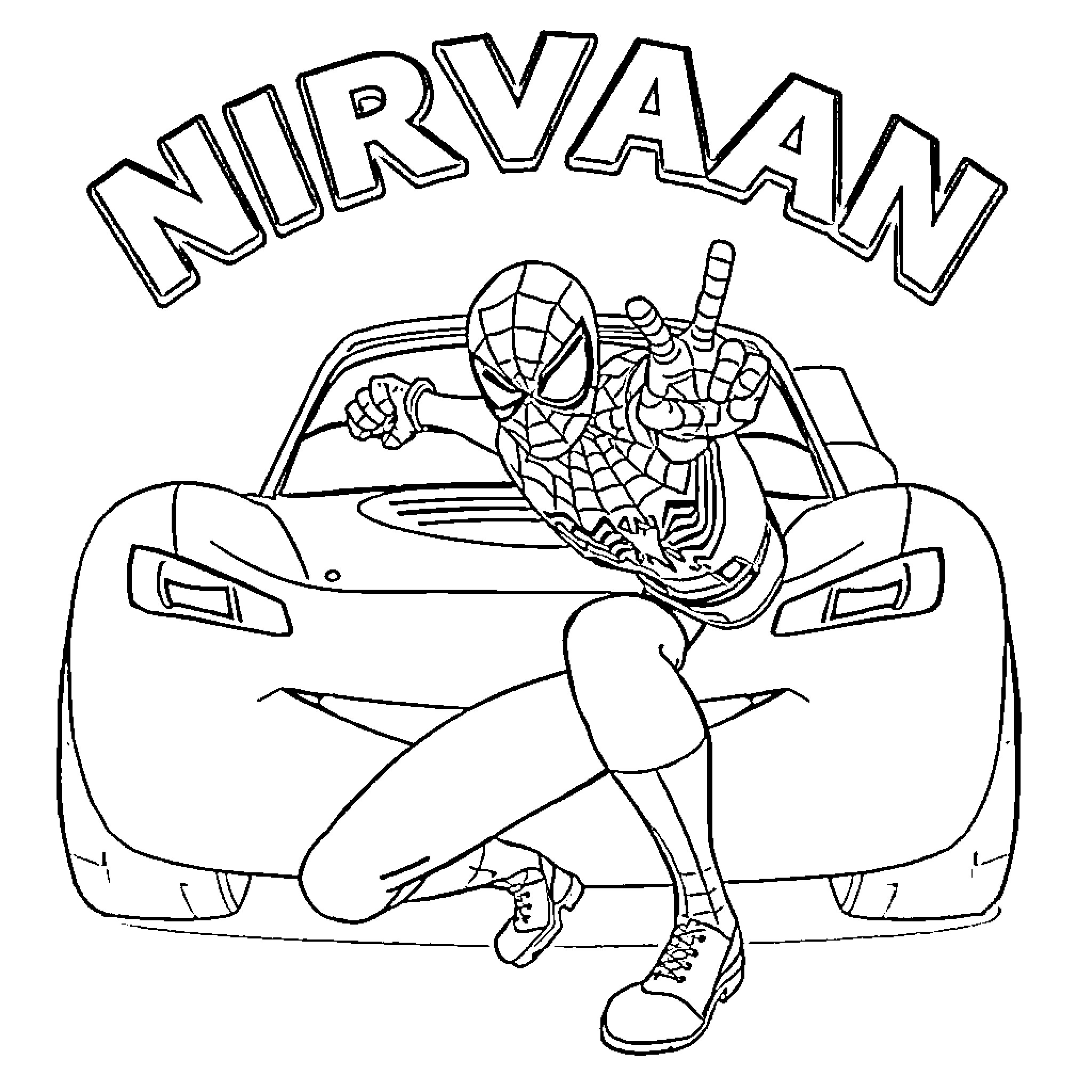 Spiderman performing stunts on sports car Coloring Page (free black-and-white line drawing printable PDF for all, from beginners to advanced learners, including children, teens, adults, and seniors)