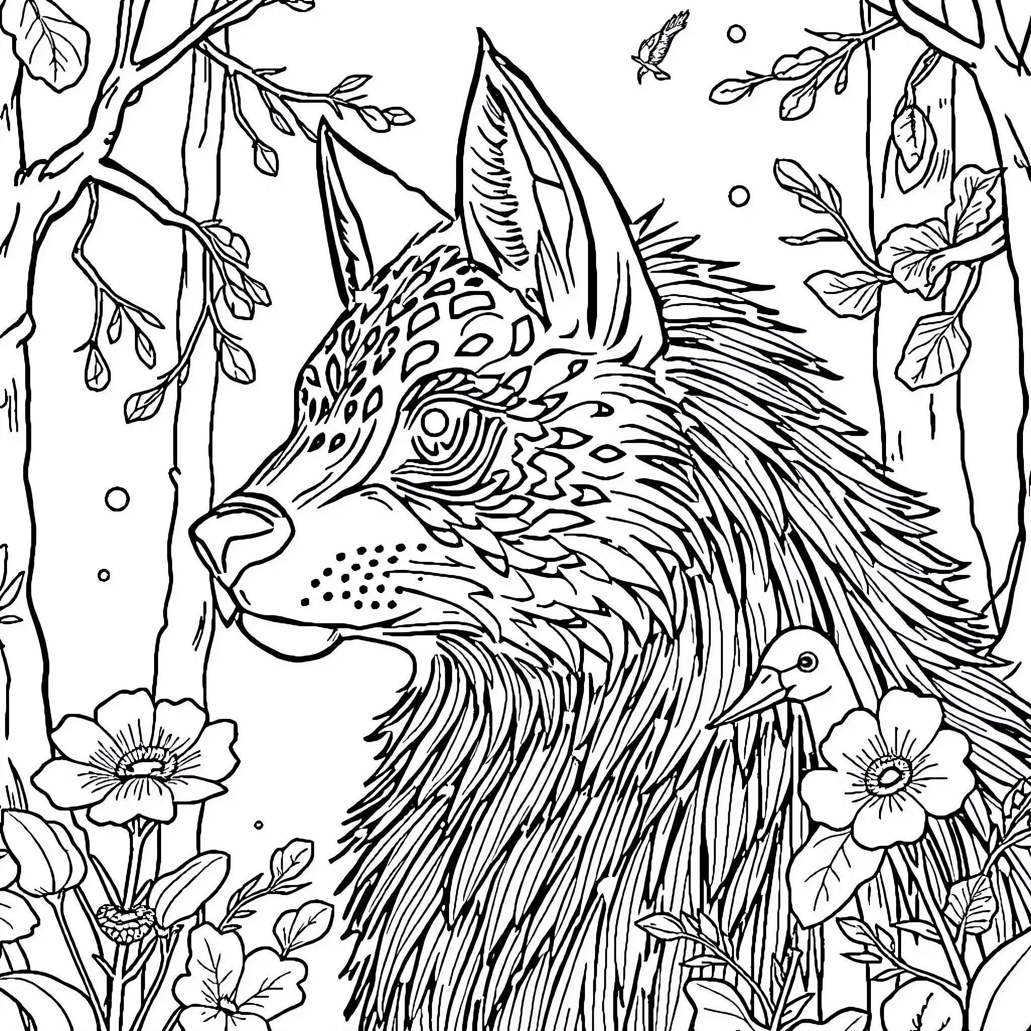 Hockey Player in Decorative Forest Setting Coloring Page (free black-and-white line drawing printable PDF for all, from beginners to advanced learners, including children, teens, adults, and seniors)