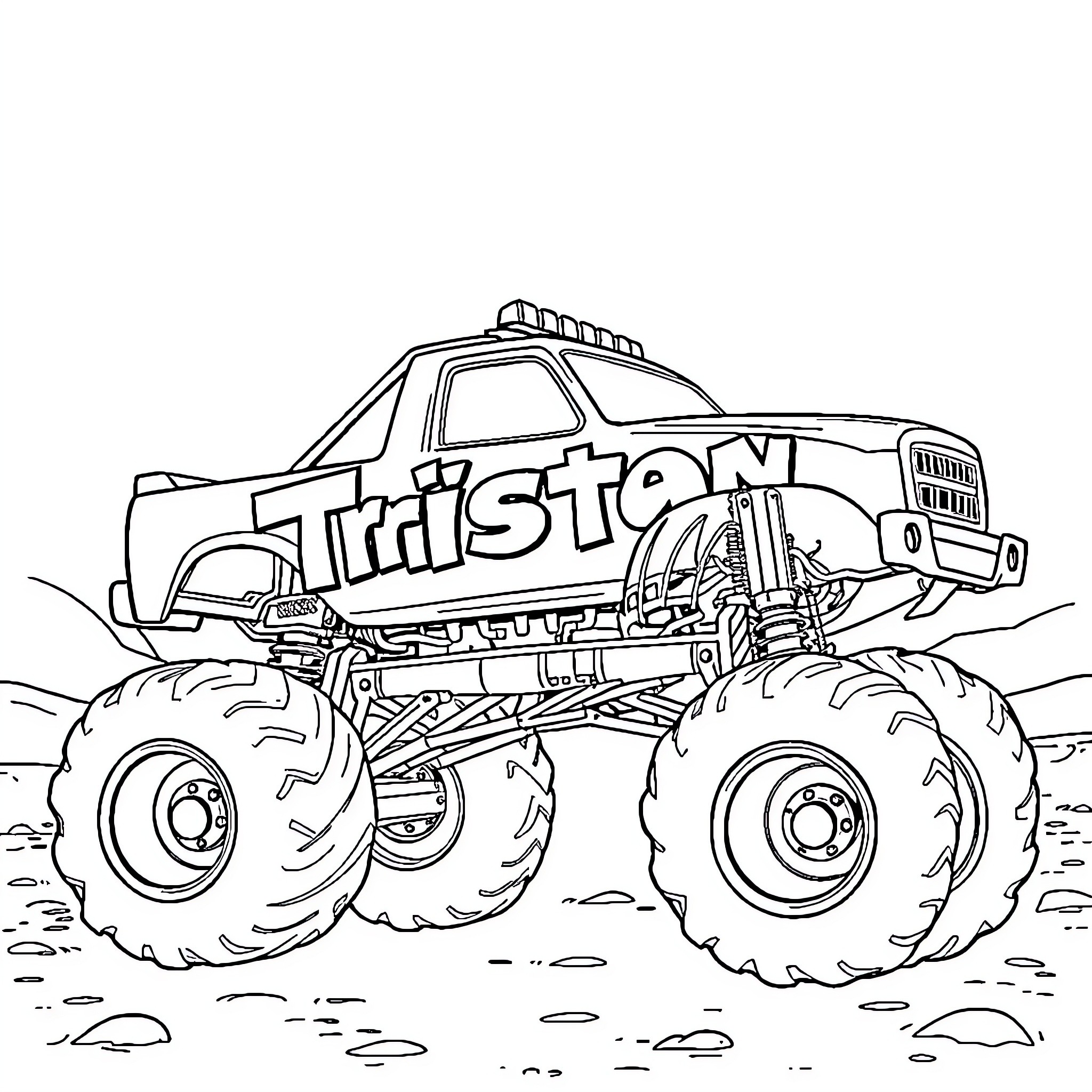 Monster Truck Crushing Terrain in Action Coloring Page (free black-and-white line drawing printable PDF for all, from beginners to advanced learners, including children, teens, adults, and seniors)