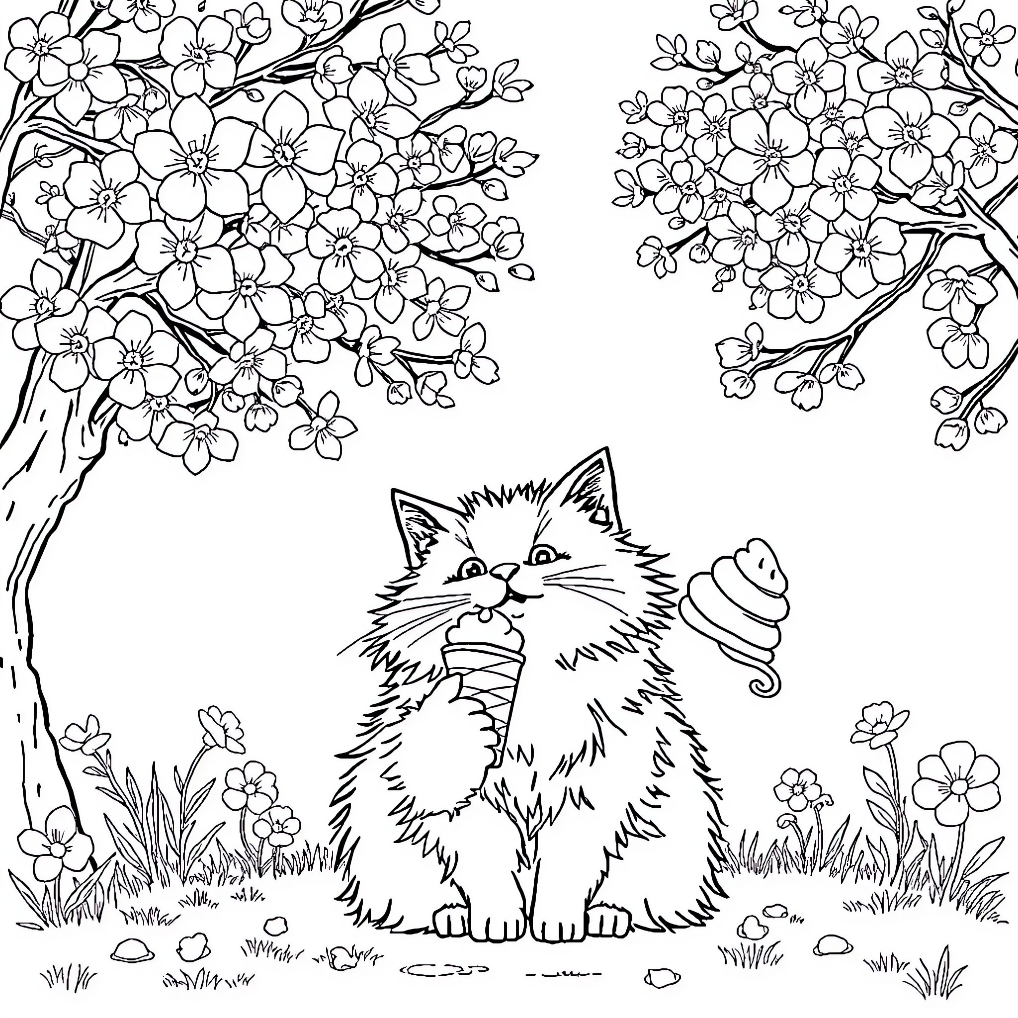 Cat exploring spring flowers in nature Coloring Page (free black-and-white line drawing printable PDF for all, from beginners to advanced learners, including children, teens, adults, and seniors)
