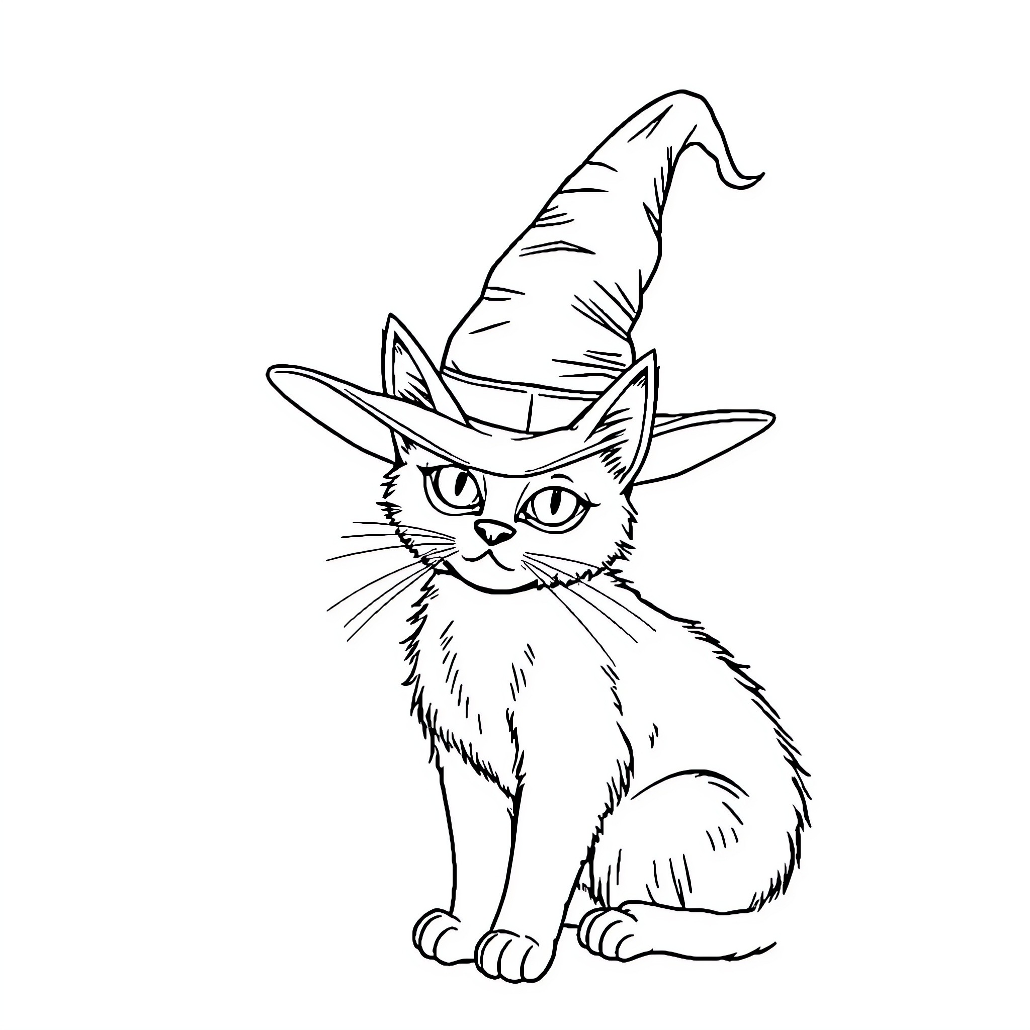 Cat in Wizard Hat Coloring Page (free black-and-white line drawing printable PDF for all, from beginners to advanced learners, including children, teens, adults, and seniors)