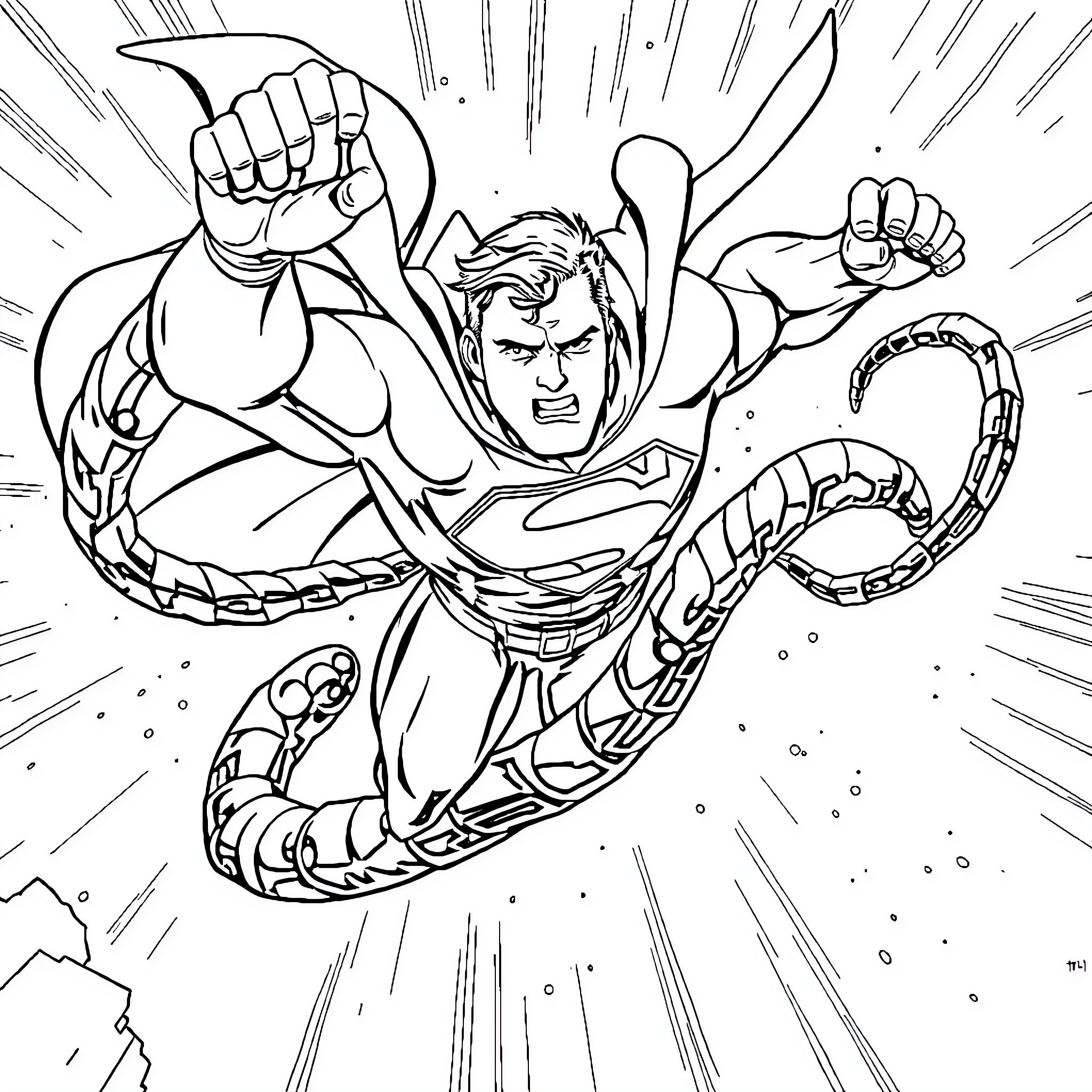 Superman flying with powerful fists and strength Coloring Page (free black-and-white line drawing printable PDF for all, from beginners to advanced learners, including children, teens, adults, and seniors)