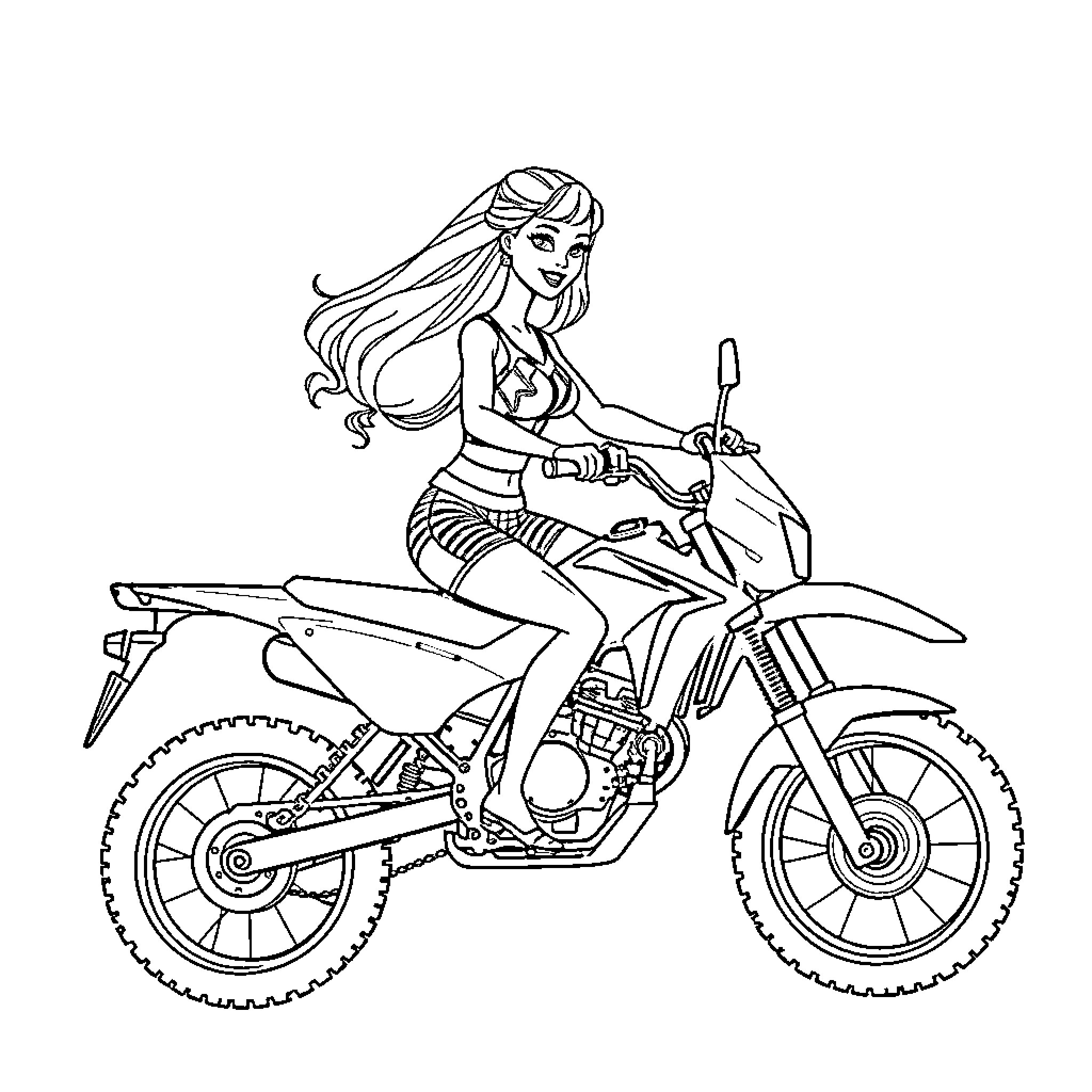 Barbie riding a motorbike with determination Coloring Page (free black-and-white line drawing printable PDF for all, from beginners to advanced learners, including children, teens, adults, and seniors)