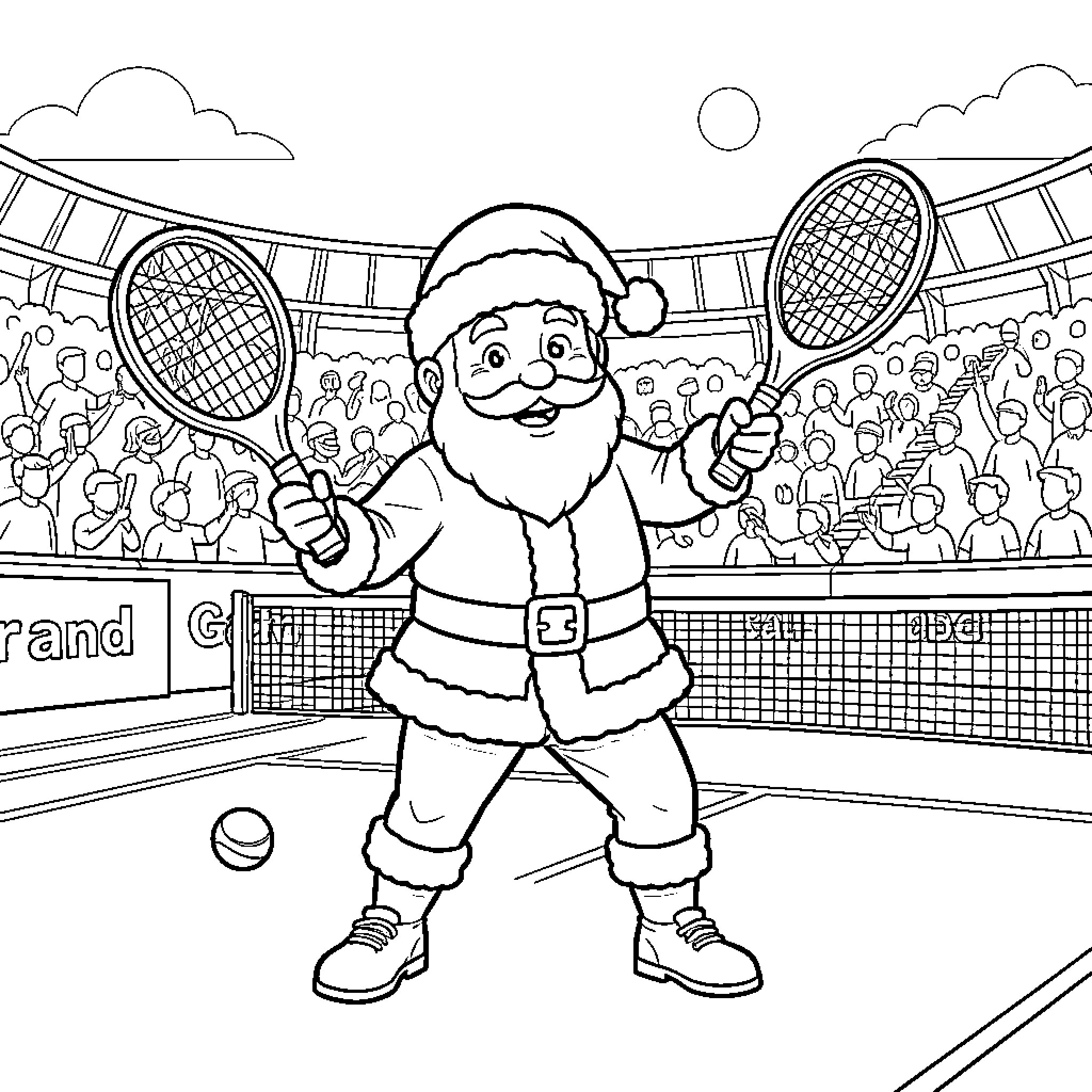 Père Noël playing tennis in a crowded stadium Coloring Page (free black-and-white line drawing printable PDF for all, from beginners to advanced learners, including children, teens, adults, and seniors)