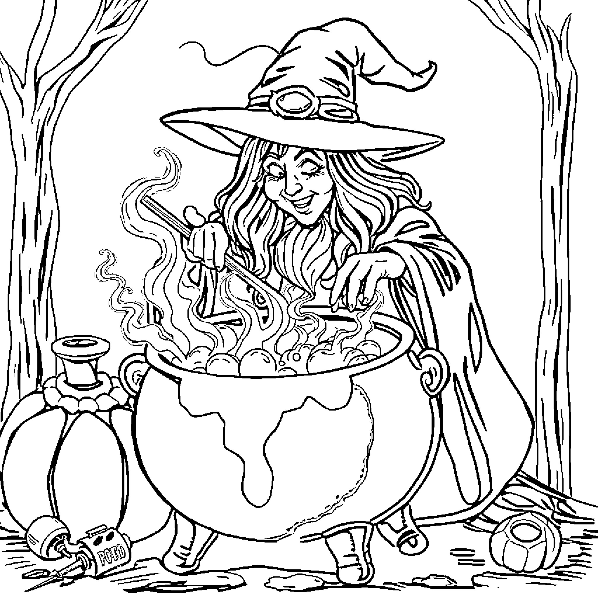 Witch stirring a magical potion in the forest Coloring Page (free black-and-white line drawing printable PDF for all, from beginners to advanced learners, including children, teens, adults, and seniors)