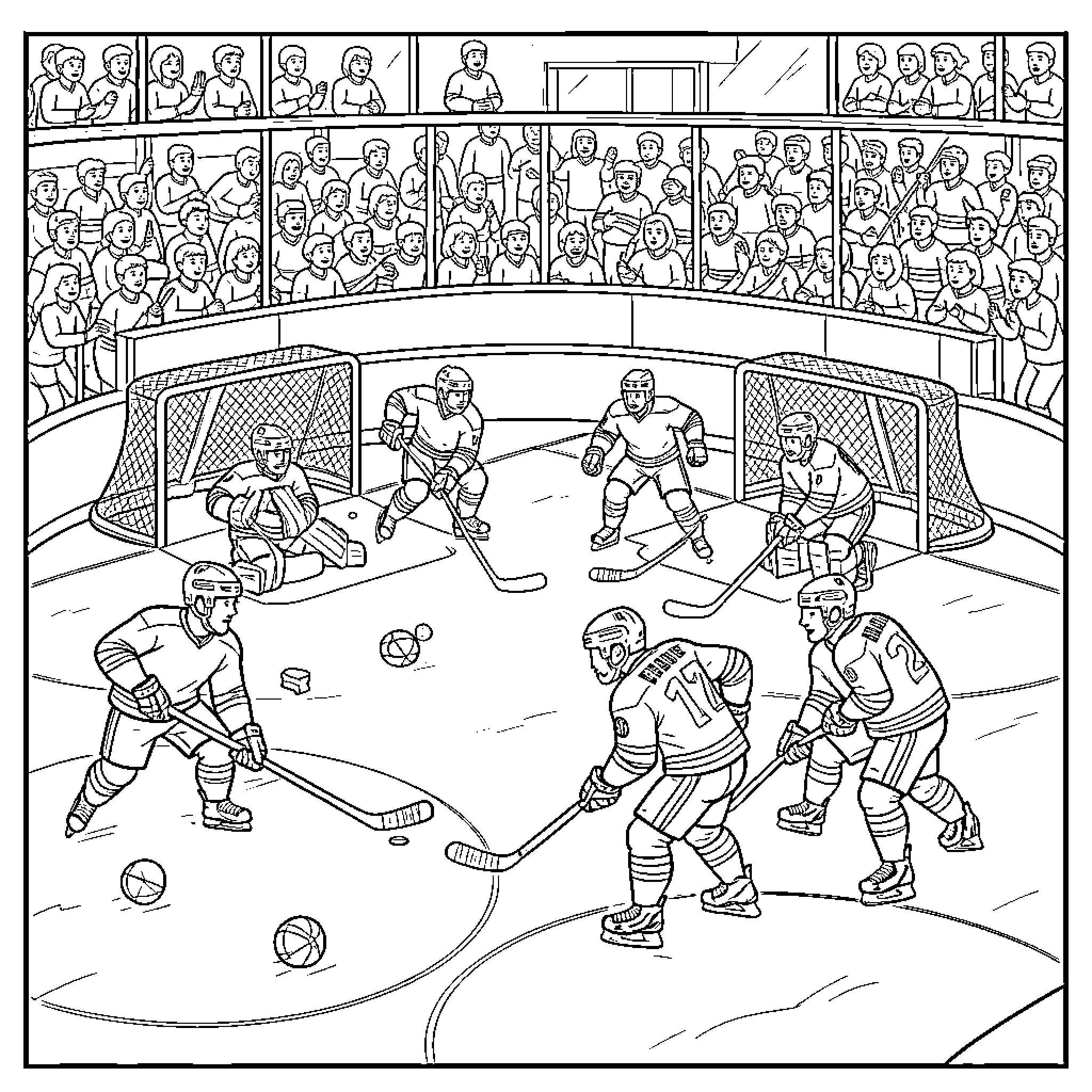 Hockey players competing intensely during a match Coloring Page (free black-and-white line drawing printable PDF for all, from beginners to advanced learners, including children, teens, adults, and seniors)