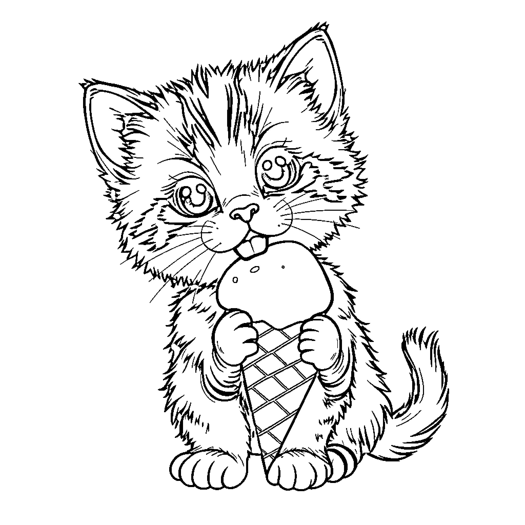 Kitten enjoying ice cream cone Coloring Page (free black-and-white line drawing printable PDF for all, from beginners to advanced learners, including children, teens, adults, and seniors)