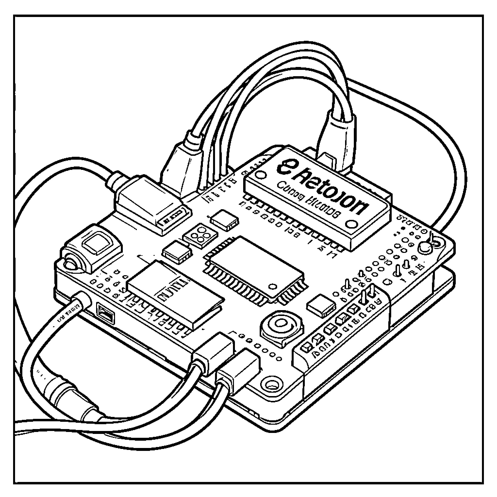 Arduino electronic circuit board with various connected wires Coloring Page (free black-and-white line drawing printable PDF for all, from beginners to advanced learners, including children, teens, adults, and seniors)