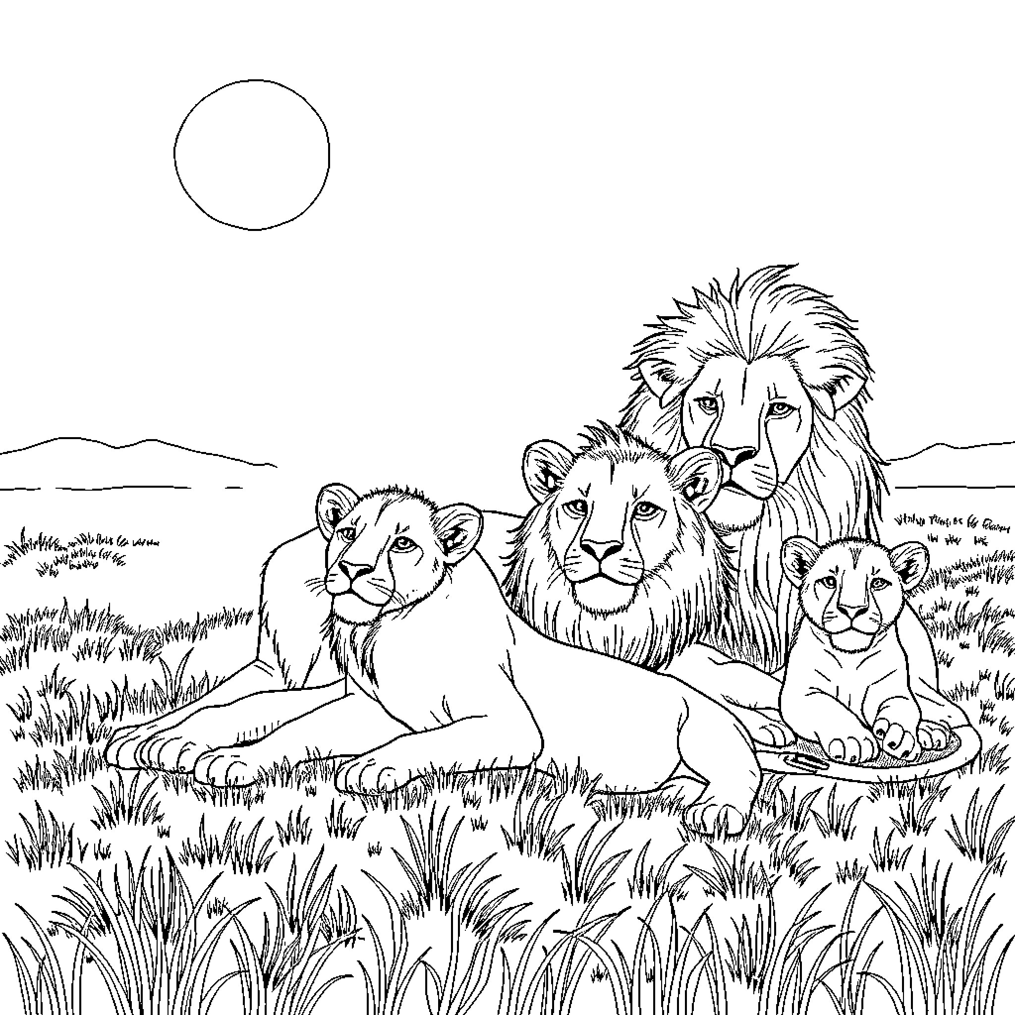 Lion family relaxing in the wild landscape Coloring Page (free black-and-white line drawing printable PDF for all, from beginners to advanced learners, including children, teens, adults, and seniors)