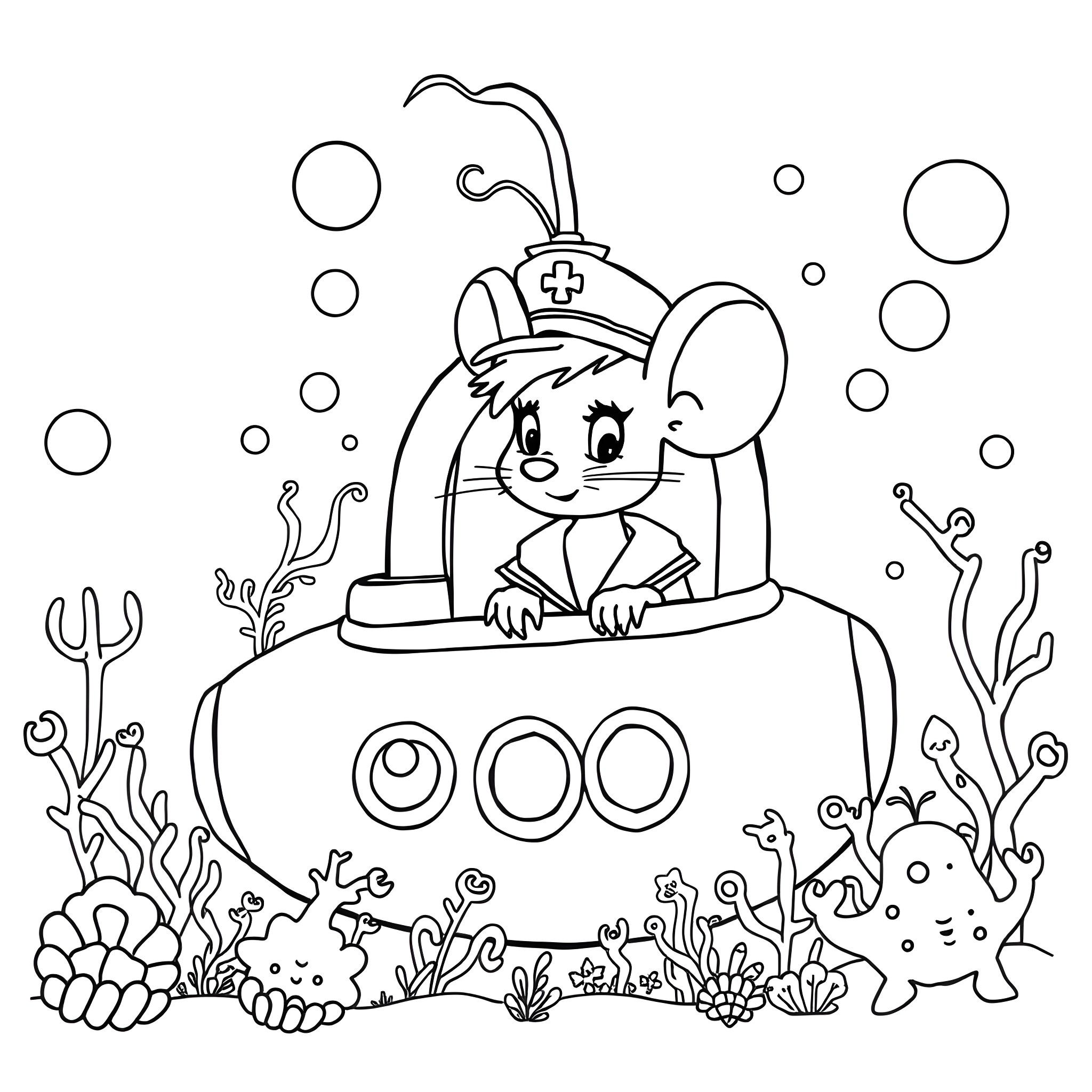 Mouse exploring the underwater world in a submarine Coloring Page (free black-and-white line drawing printable PDF for all, from beginners to advanced learners, including children, teens, adults, and seniors)