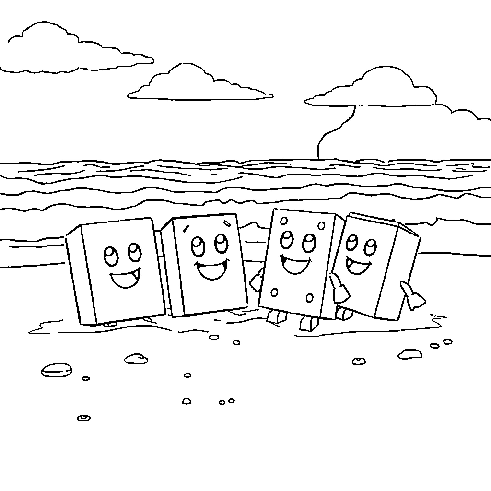 Numberblocks playing happily on the beach Coloring Page (free black-and-white line drawing printable PDF for all, from beginners to advanced learners, including children, teens, adults, and seniors)