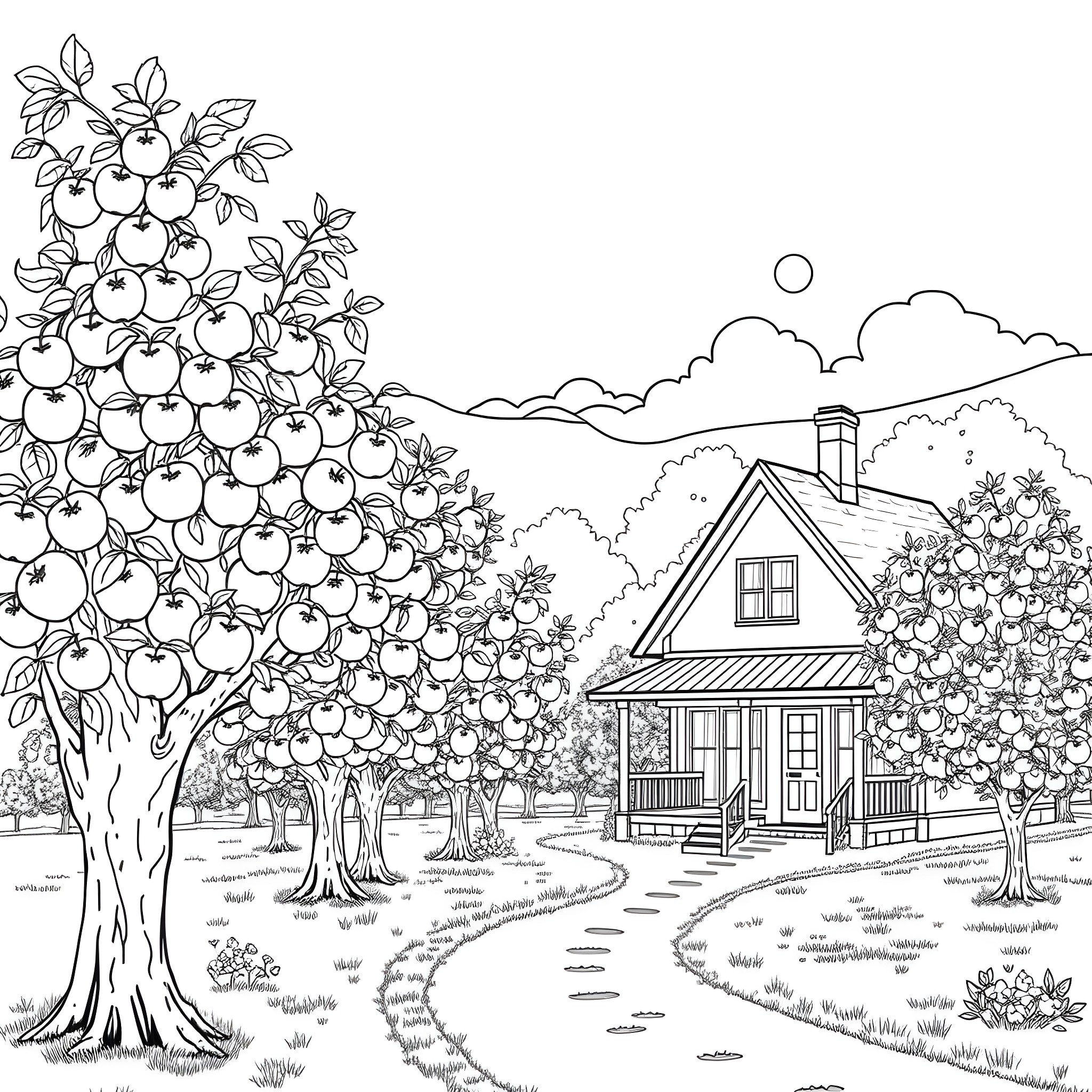 Apple Orchard with Cozy Cottage in the Countryside Coloring Page (free black-and-white line drawing printable PDF for all, from beginners to advanced learners, including children, teens, adults, and seniors)
