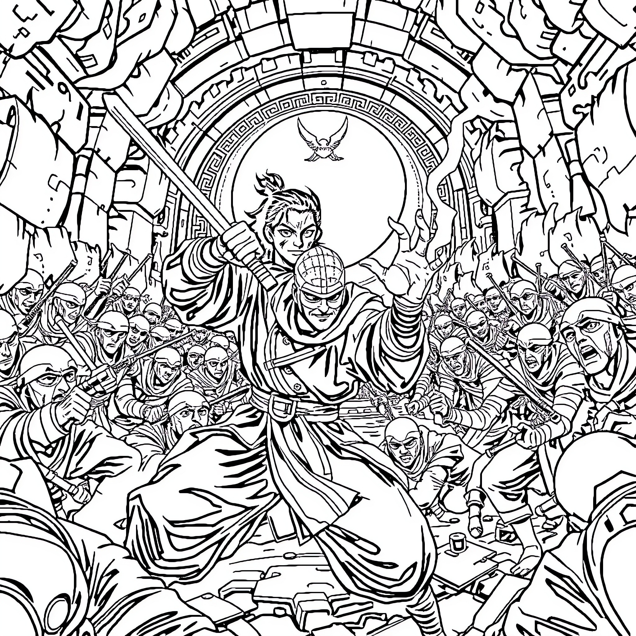 Wu Tang Clan Assembles for Epic Battle Coloring Page (free black-and-white line drawing printable PDF for all, from beginners to advanced learners, including children, teens, adults, and seniors)