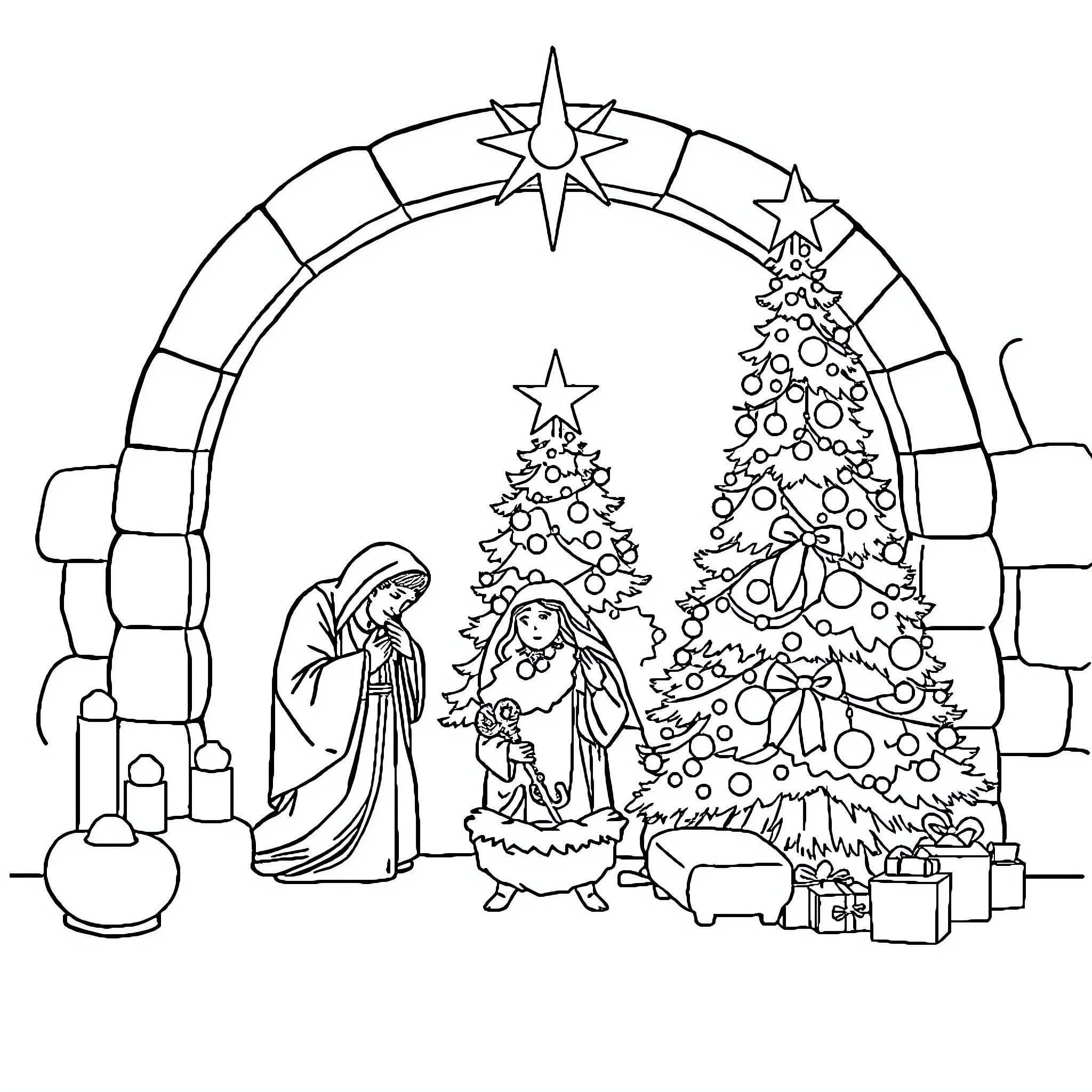 Nativity Scene with Christmas Trees and Presents Coloring Page (free black-and-white line drawing printable PDF for all, from beginners to advanced learners, including children, teens, adults, and seniors)