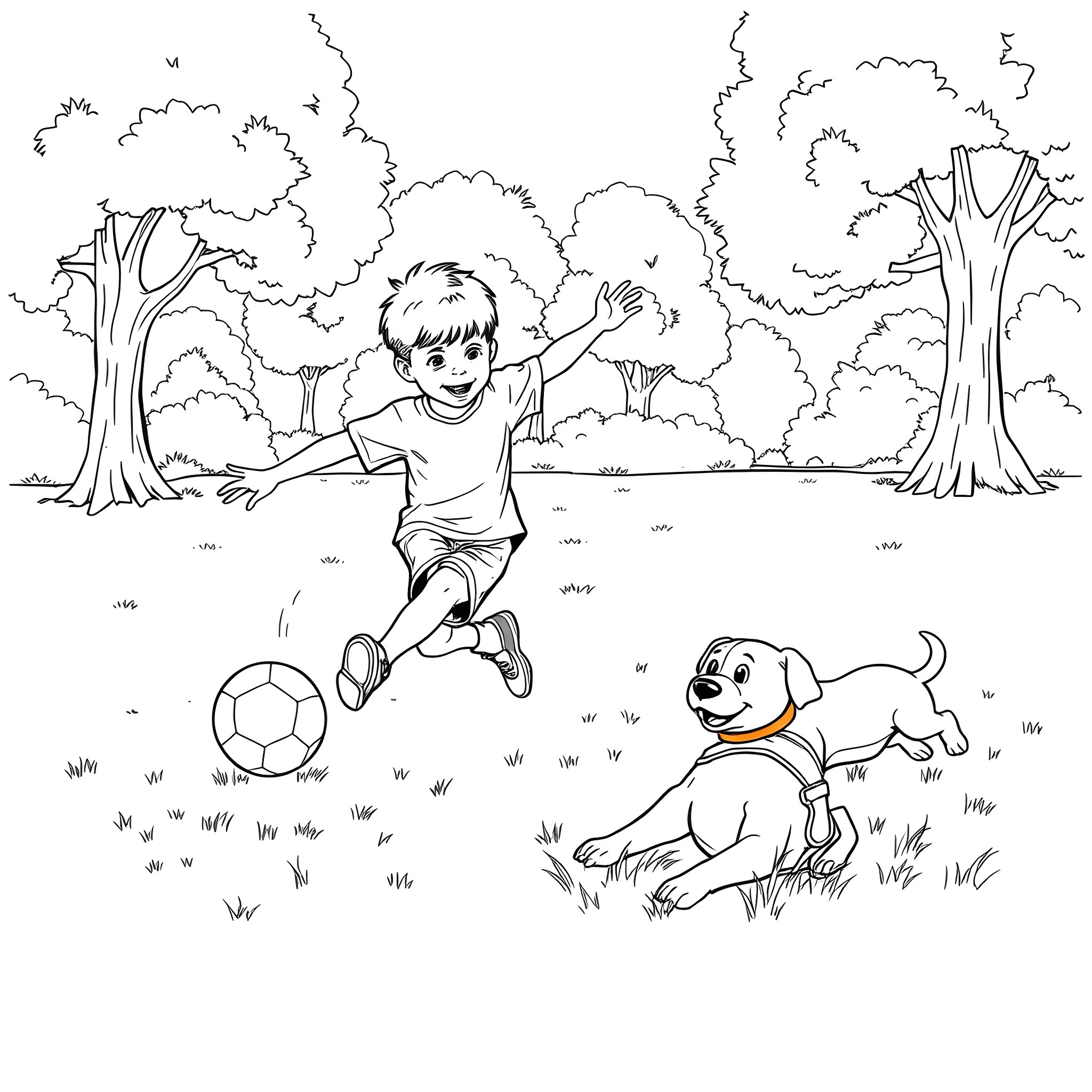 Boy playing soccer with a dog in the park Coloring Page (free black-and-white line drawing printable PDF for all, from beginners to advanced learners, including children, teens, adults, and seniors)