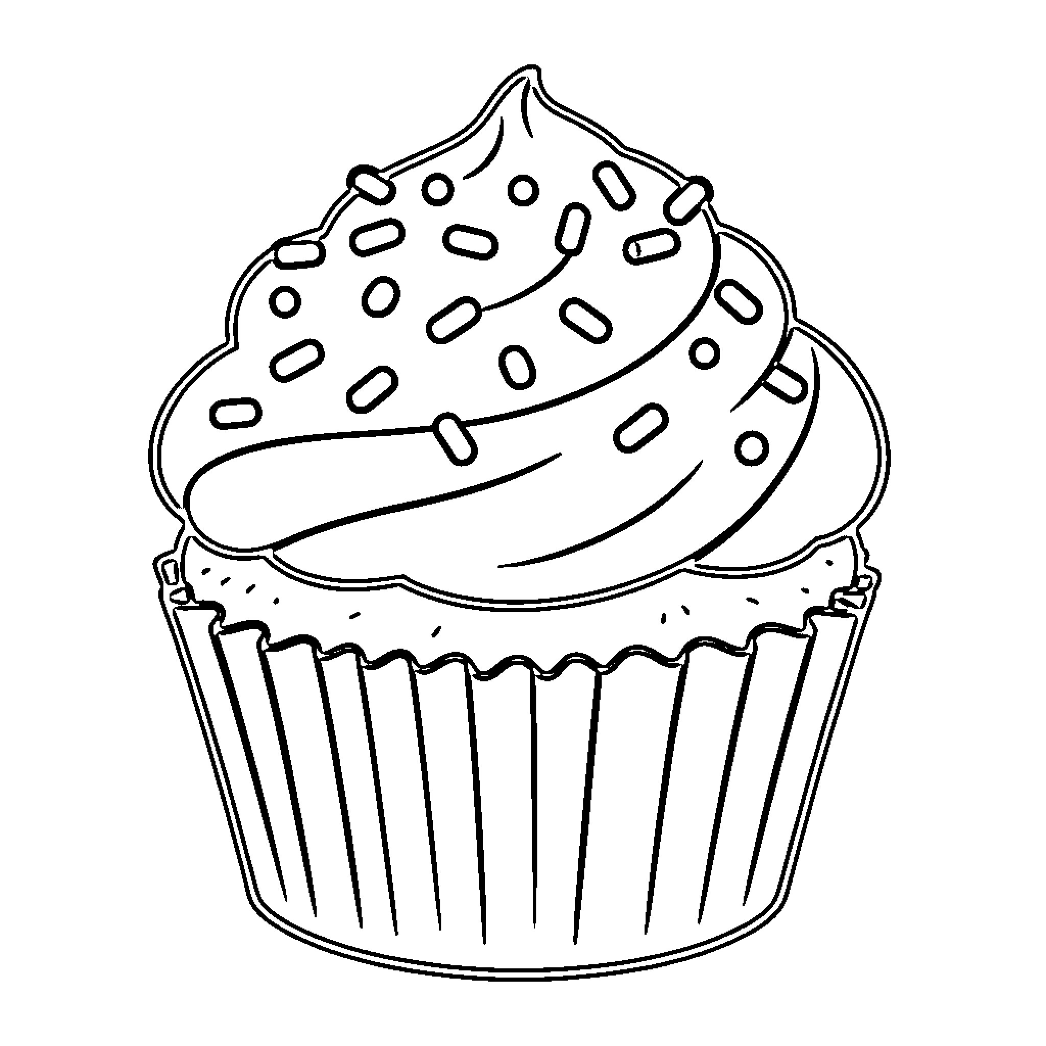 Cupcake topped with swirls of frosting and sprinkles Coloring Page (free black-and-white line drawing printable PDF for all, from beginners to advanced learners, including children, teens, adults, and seniors)