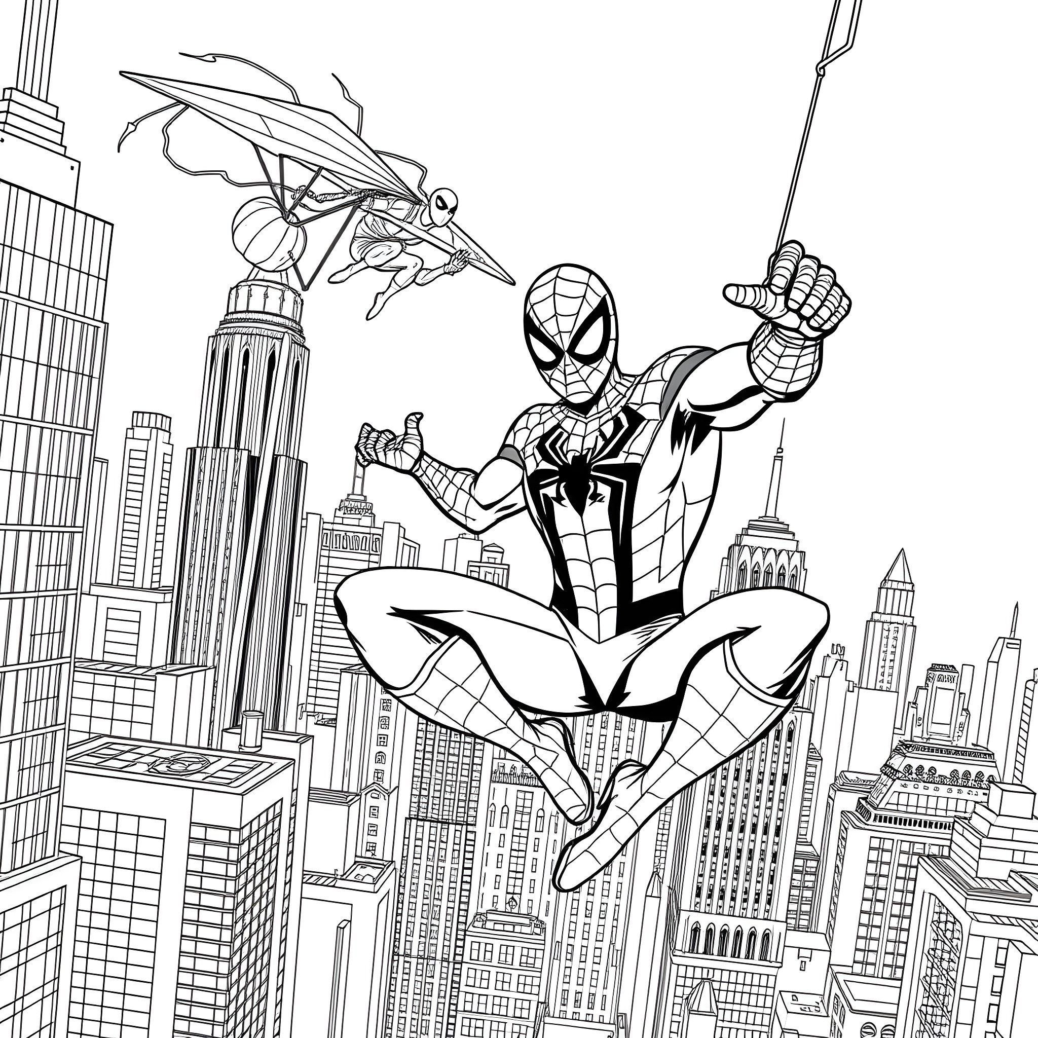 Spiderman swinging through the city with a giant insect Coloring Page (free black-and-white line drawing printable PDF for all, from beginners to advanced learners, including children, teens, adults, and seniors)