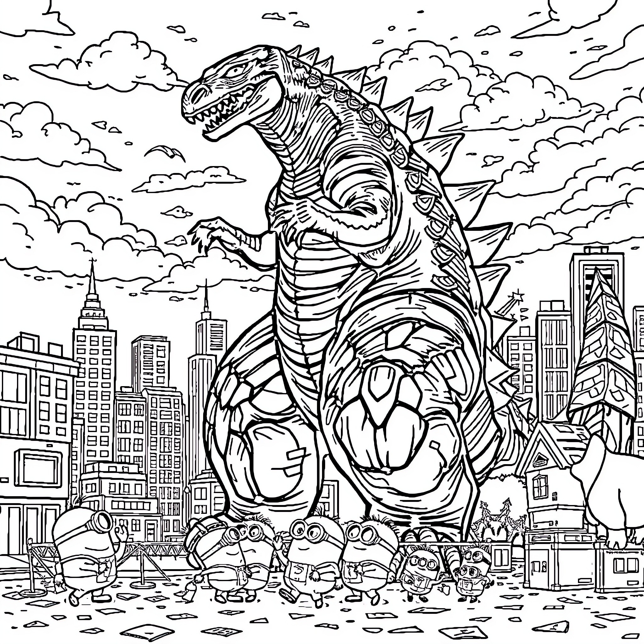Godzilla rampaging through a bustling city skyline Coloring Page (free black-and-white line drawing printable PDF for all, from beginners to advanced learners, including children, teens, adults, and seniors)