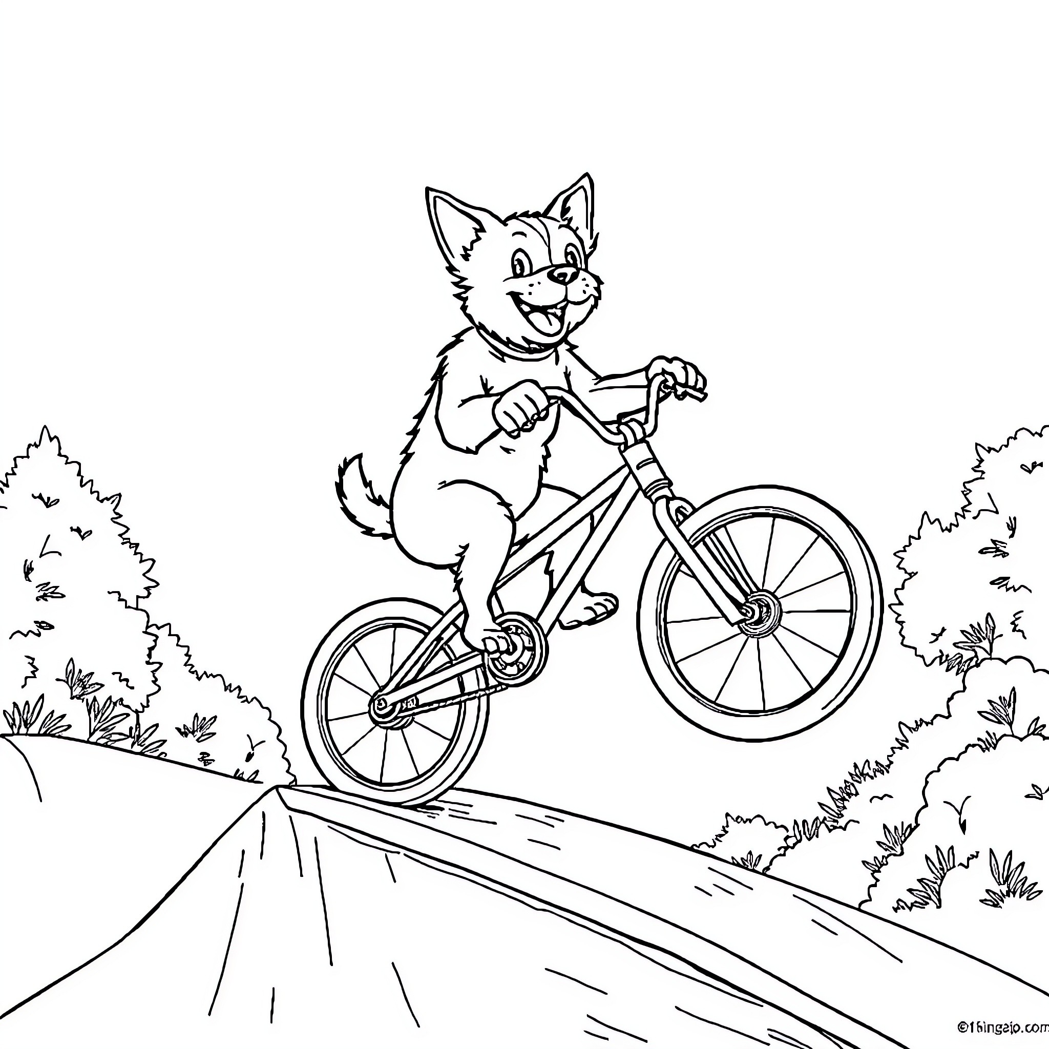 Dog riding a bicycle through the park Coloring Page (free black-and-white line drawing printable PDF for all, from beginners to advanced learners, including children, teens, adults, and seniors)