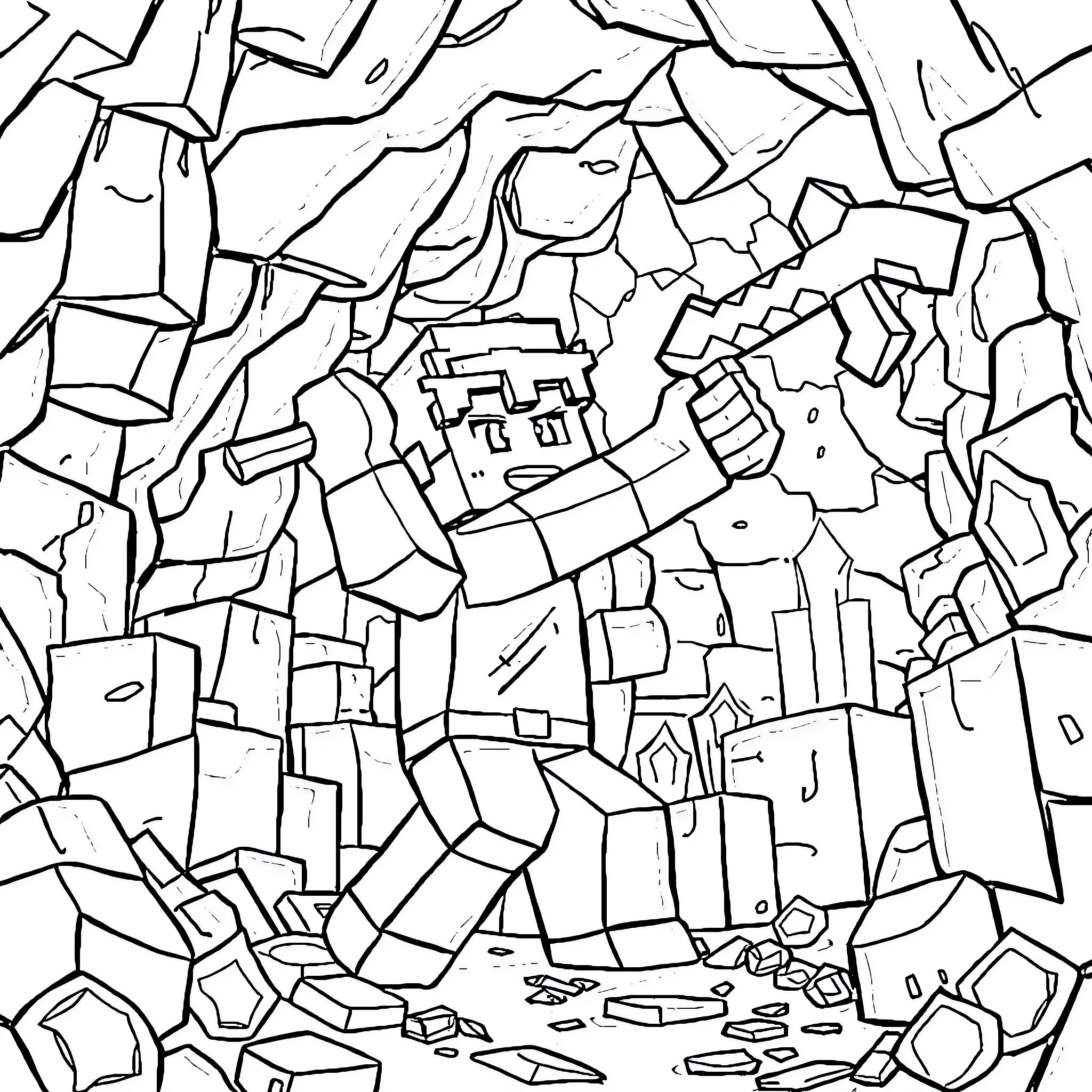 Steve exploring a mysterious crystal cave Coloring Page (free black-and-white line drawing printable PDF for all, from beginners to advanced learners, including children, teens, adults, and seniors)