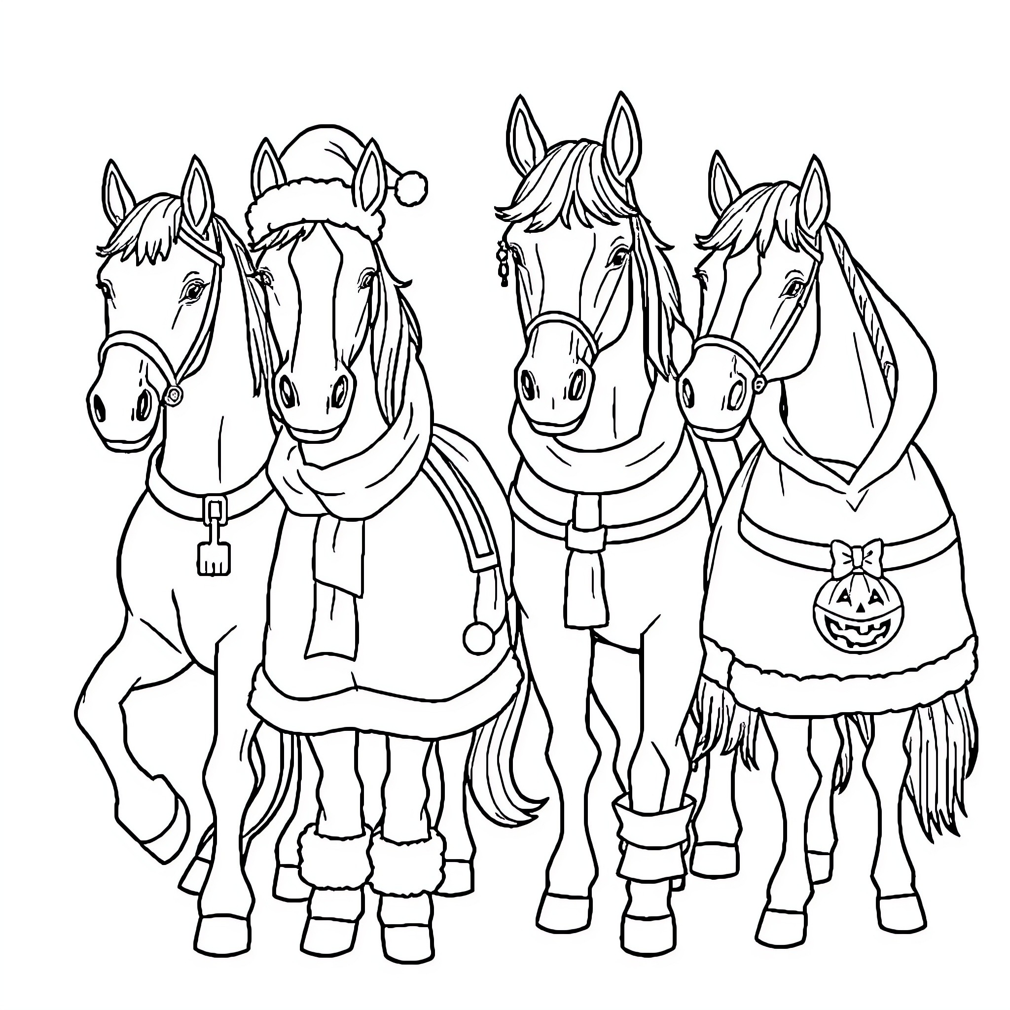Horses dressed in festive holiday outfits Coloring Page (free black-and-white line drawing printable PDF for all, from beginners to advanced learners, including children, teens, adults, and seniors)