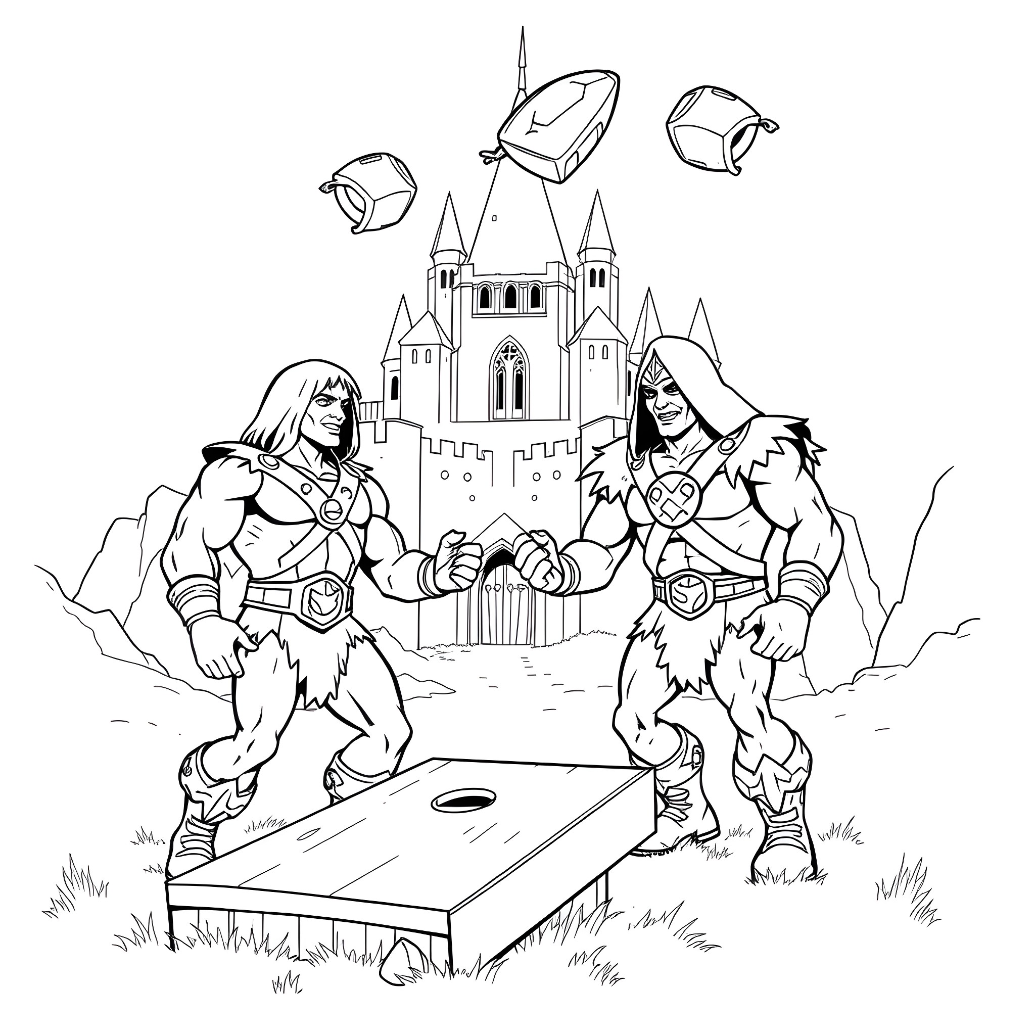 He-Man and friends engage in friendly competition near a castle Coloring Page (free black-and-white line drawing printable PDF for all, from beginners to advanced learners, including children, teens, adults, and seniors)