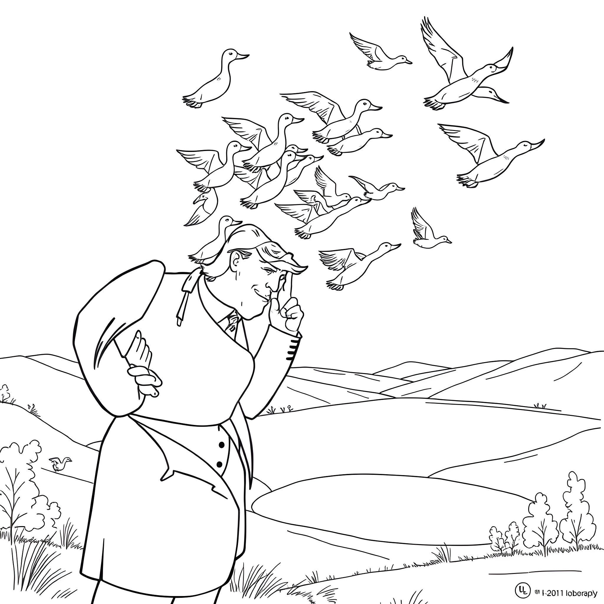 Donald Trump releasing doves in a countryside setting Coloring Page (free black-and-white line drawing printable PDF for all, from beginners to advanced learners, including children, teens, adults, and seniors)