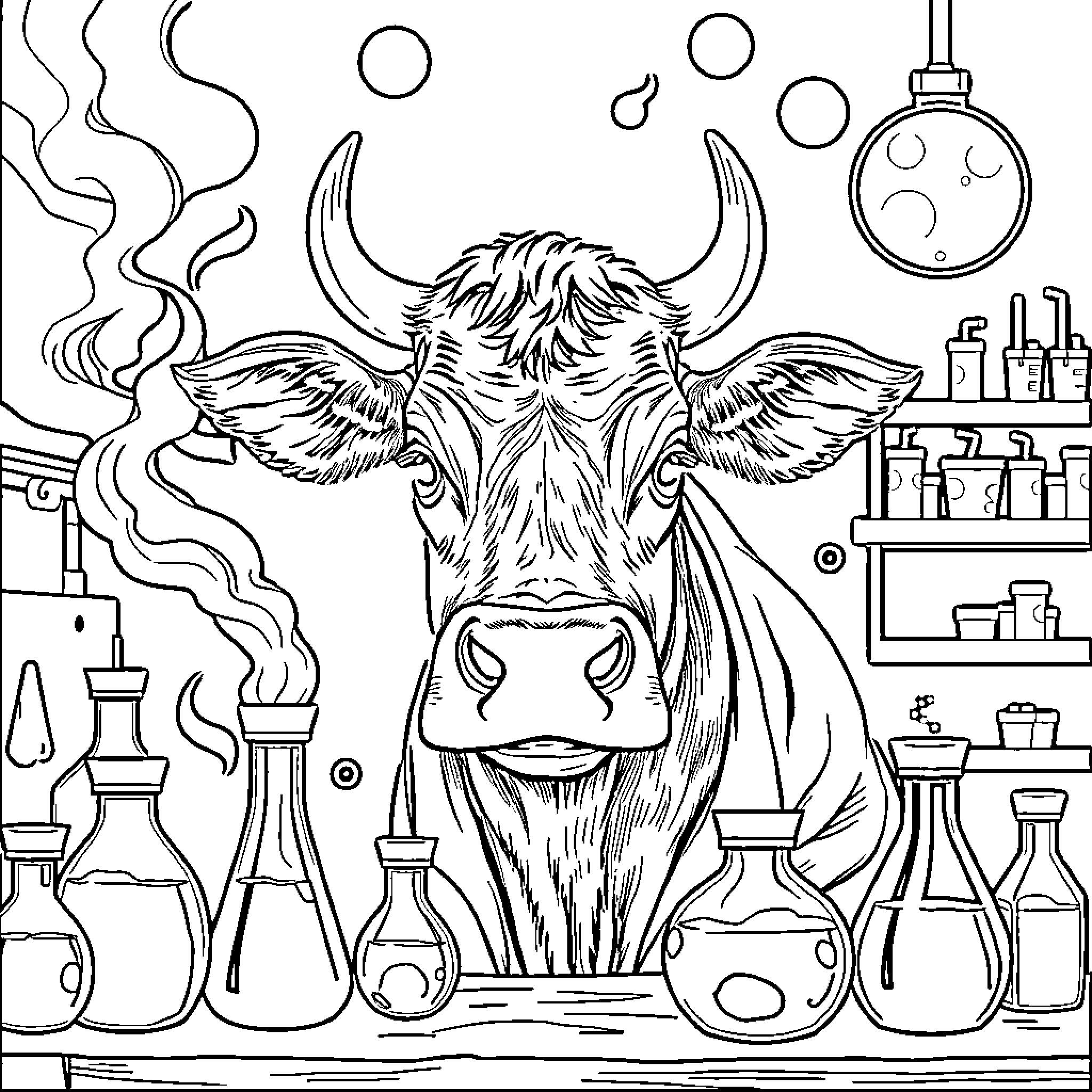 Cow in a lab experimenting with scientific equipment Coloring Page (free black-and-white line drawing printable PDF for all, from beginners to advanced learners, including children, teens, adults, and seniors)
