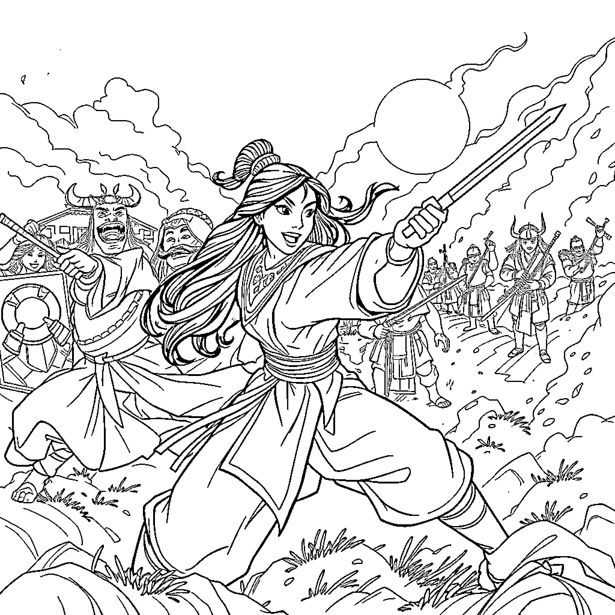Mulan in Battle, Bravely Defending Her People Coloring Page (free black-and-white line drawing printable PDF for all, from beginners to advanced learners, including children, teens, adults, and seniors)