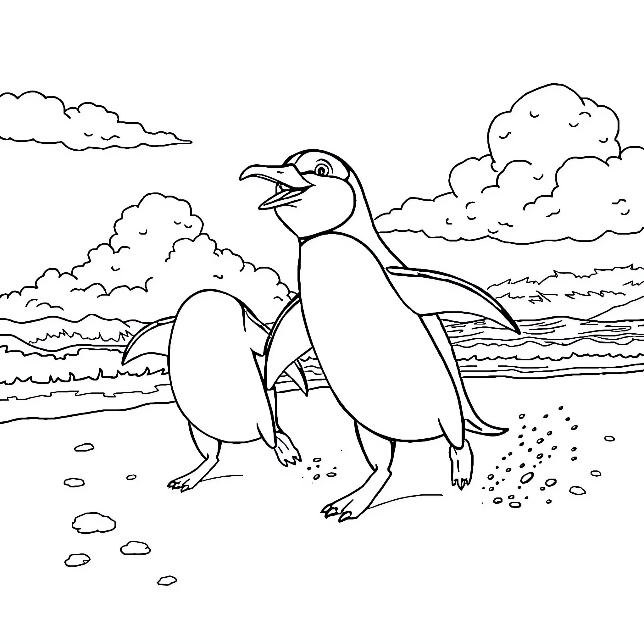 Paw Patrol Penguins Playing on the Beach Coloring Page (free black-and-white line drawing printable PDF for all, from beginners to advanced learners, including children, teens, adults, and seniors)