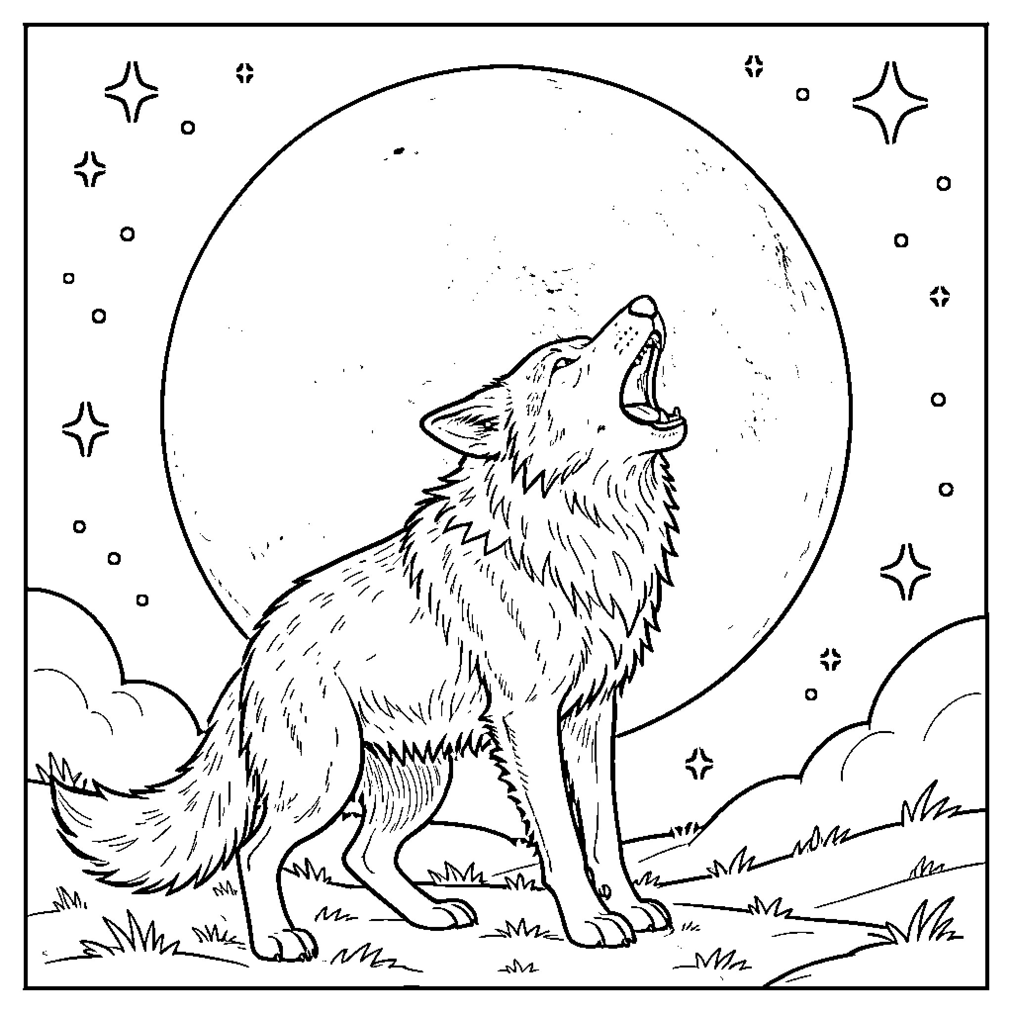 Wolf howling under the moonlit sky Coloring Page (free black-and-white line drawing printable PDF for all, from beginners to advanced learners, including children, teens, adults, and seniors)