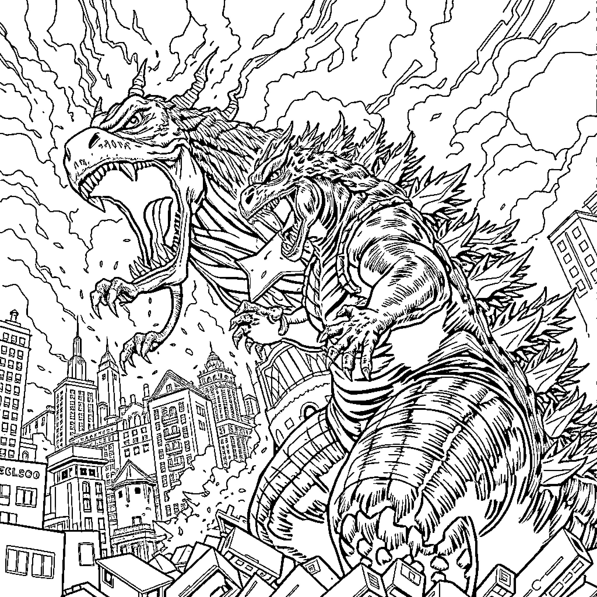 Godzilla rampaging through the city Coloring Page (free black-and-white line drawing printable PDF for all, from beginners to advanced learners, including children, teens, adults, and seniors)
