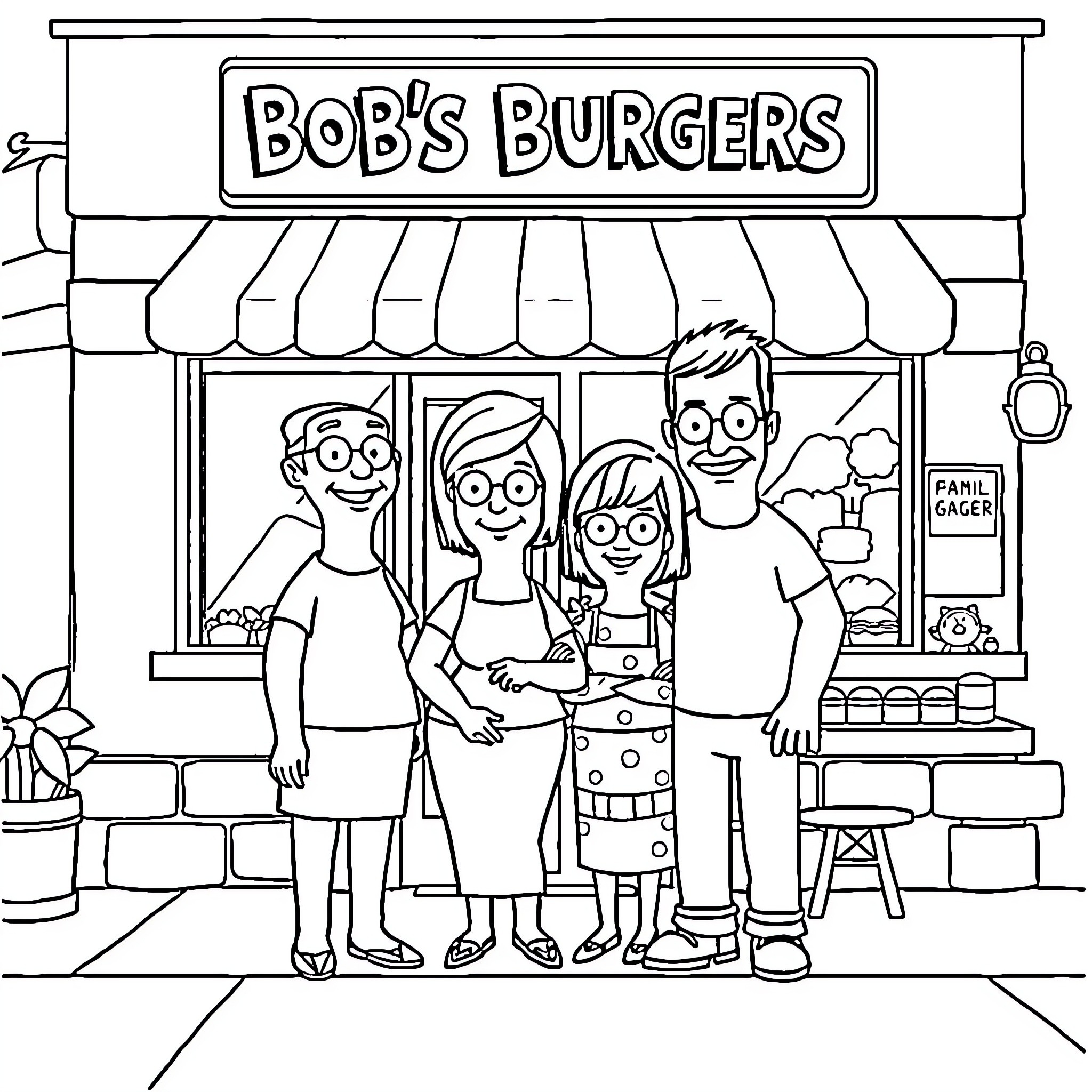 Bob's Burgers: Family working together at the burger shop Coloring Page (free black-and-white line drawing printable PDF for all, from beginners to advanced learners, including children, teens, adults, and seniors)