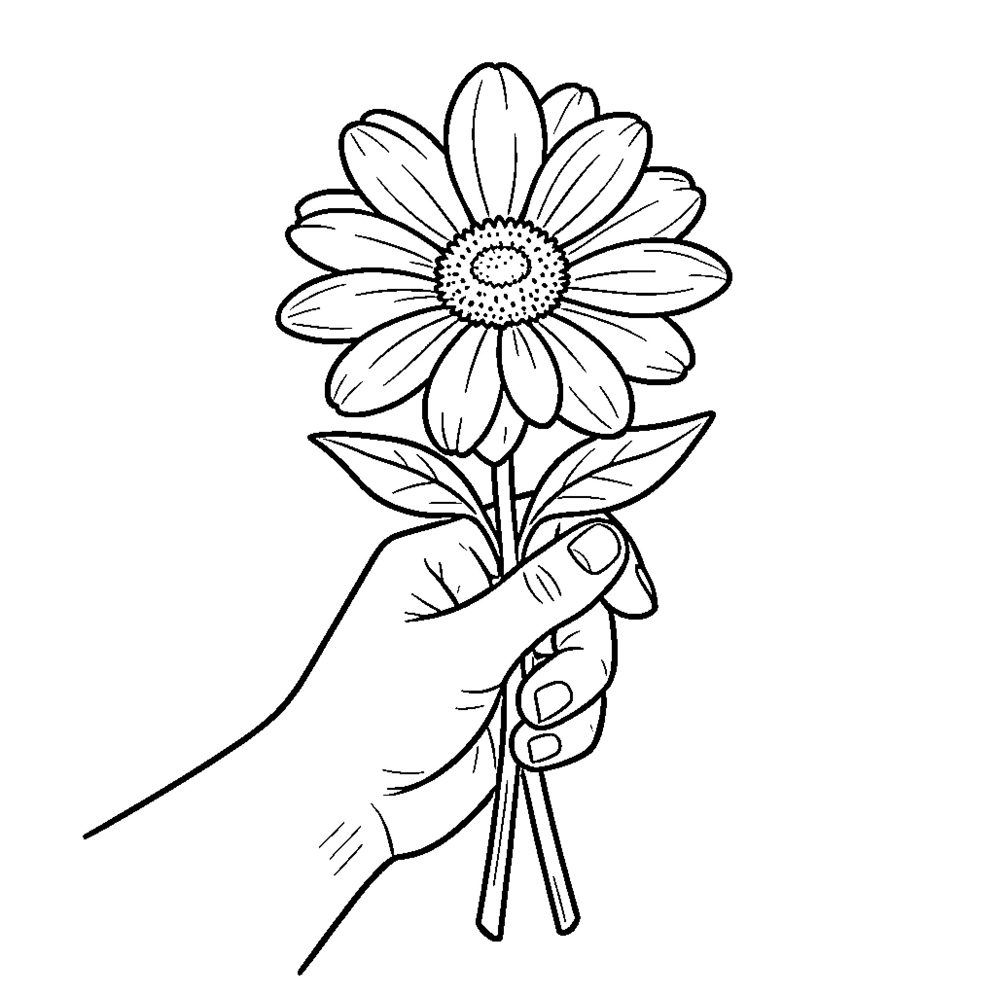 Hand holding a beautiful flower Coloring Page (free black-and-white line drawing printable PDF for all, from beginners to advanced learners, including children, teens, adults, and seniors)