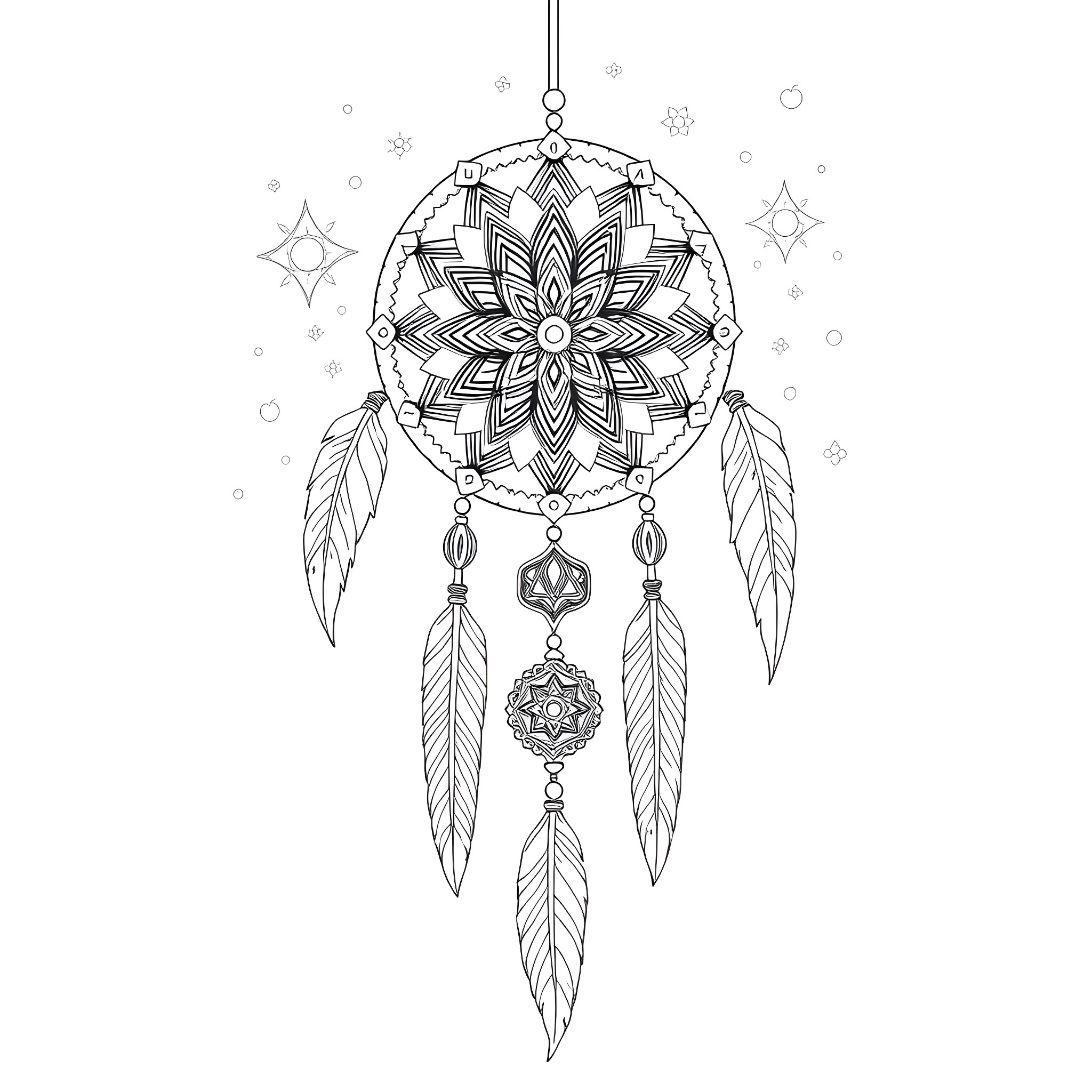 Great Spirit's Intricate Dreamcatcher Coloring Page (free black-and-white line drawing printable PDF for all, from beginners to advanced learners, including children, teens, adults, and seniors)