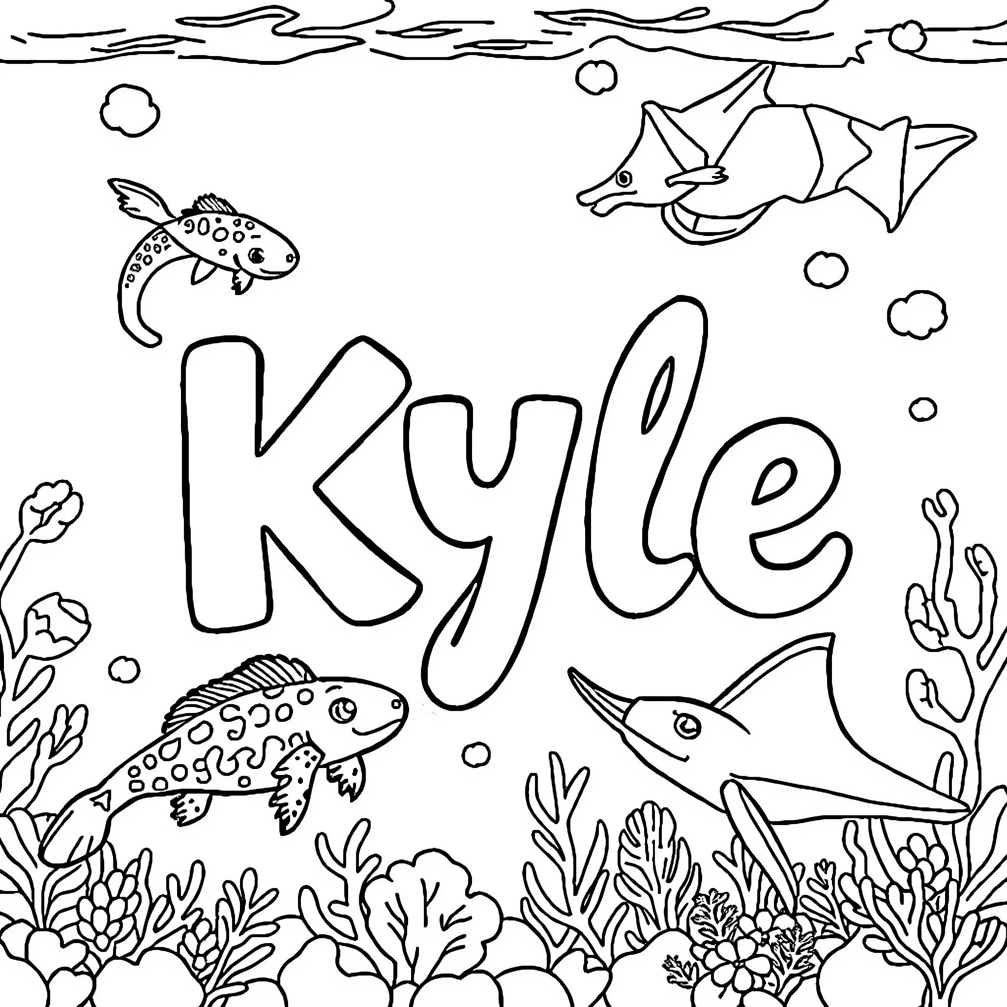 Kyle exploring the underwater world with sea creatures Coloring Page (free black-and-white line drawing printable PDF for all, from beginners to advanced learners, including children, teens, adults, and seniors)