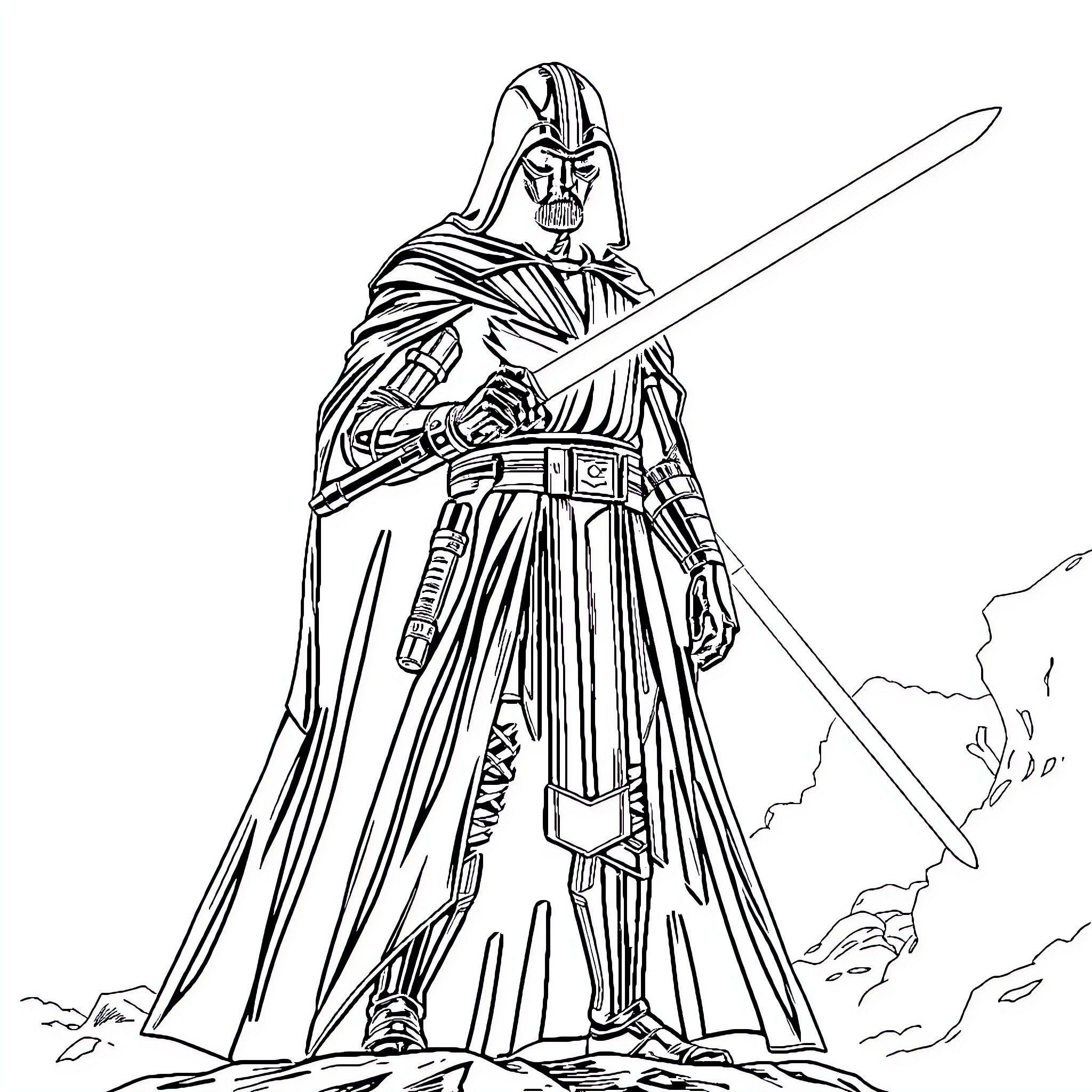 Darth Revan in Commanding Pose with Lightsaber Coloring Page (free black-and-white line drawing printable PDF for all, from beginners to advanced learners, including children, teens, adults, and seniors)