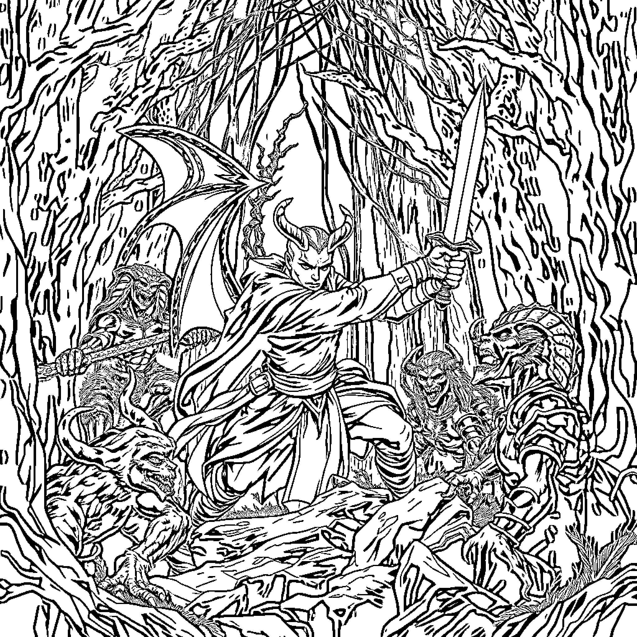 Demon Slayer Fighting Fierce Enemies in Dark Forest Coloring Page (free black-and-white line drawing printable PDF for all, from beginners to advanced learners, including children, teens, adults, and seniors)