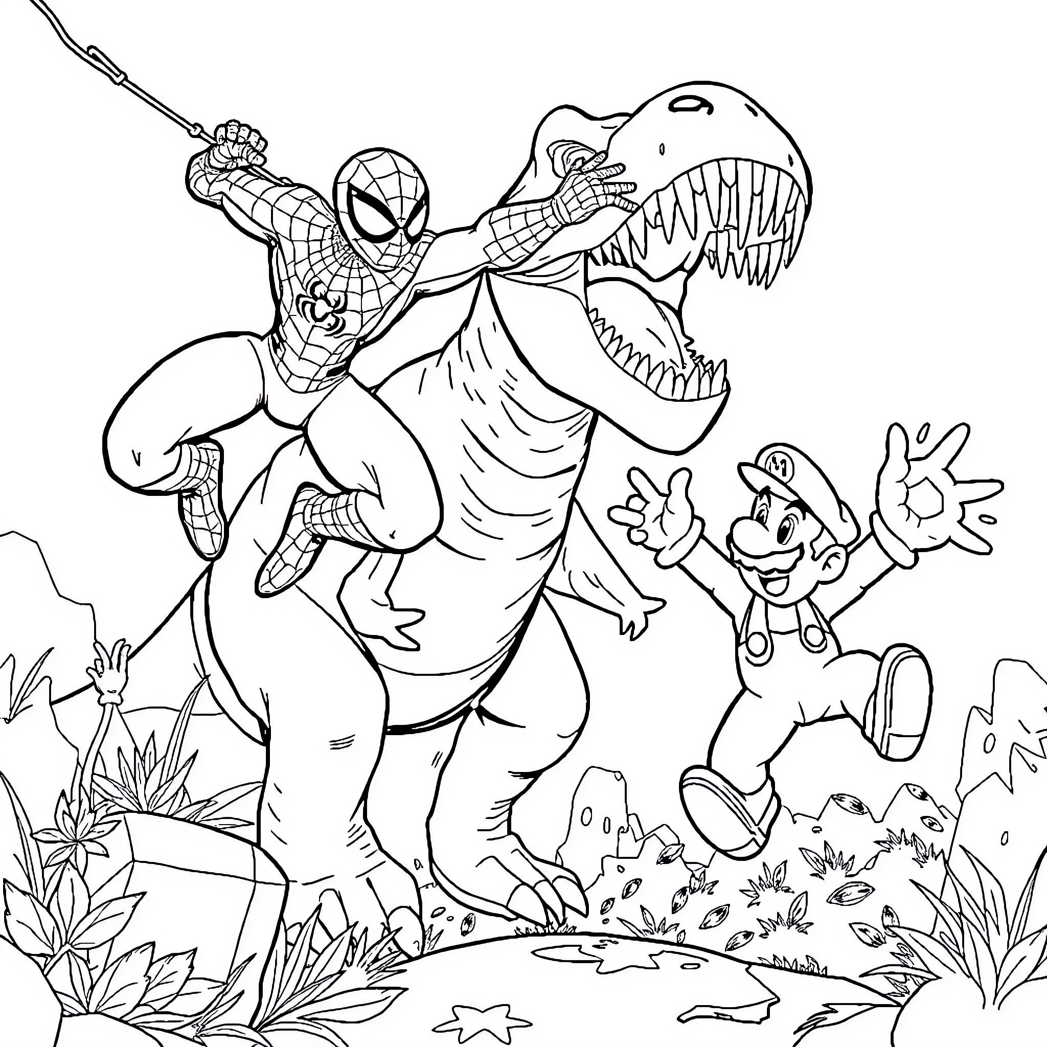 Spider-Man battling a fierce dinosaur with Mario and friends Coloring Page (free black-and-white line drawing printable PDF for all, from beginners to advanced learners, including children, teens, adults, and seniors)